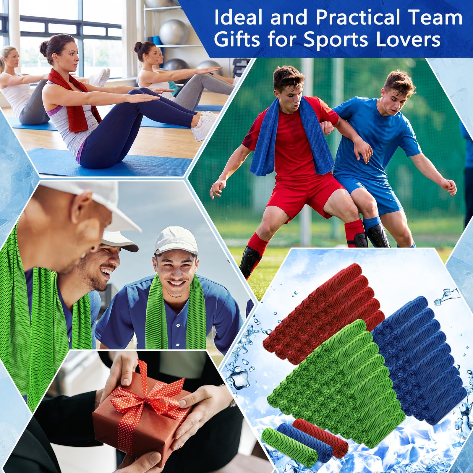 Confezione da 150 Asciugamani rinfrescanti,Grandi,Traspiranti,per Sport,con Stampa a Sublimazione,Ideali per Il Collo,per allenamenti in Palestra e per Le giornate Calde (Blu Scuro,Rosso,Verde).