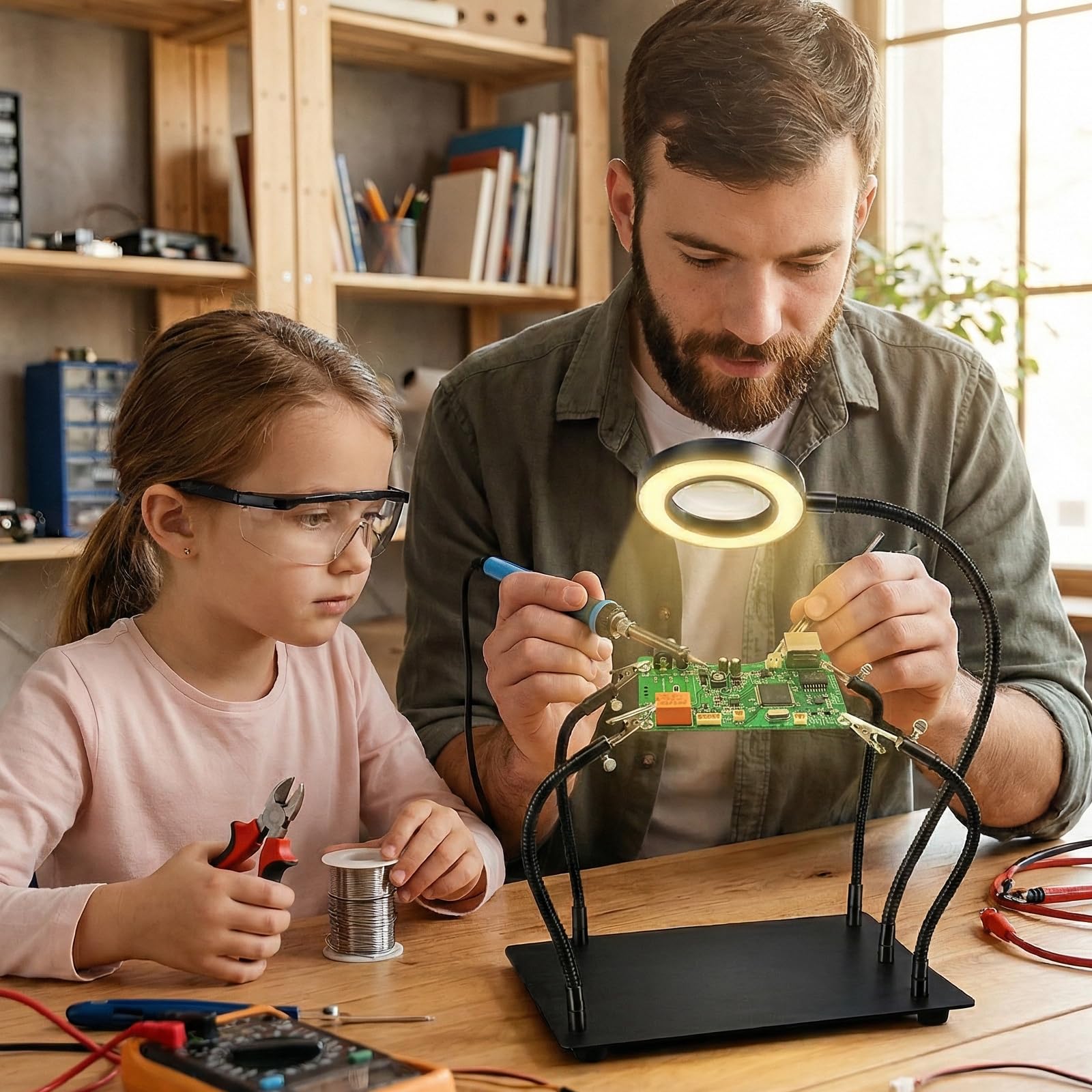Terza Mano per Saldatura 6X Lente d‘Ingrandimento LED 4 Bracci Flessibili Portal circuiti Stazione Saldante per Elettronica Gioielleria Hobby
