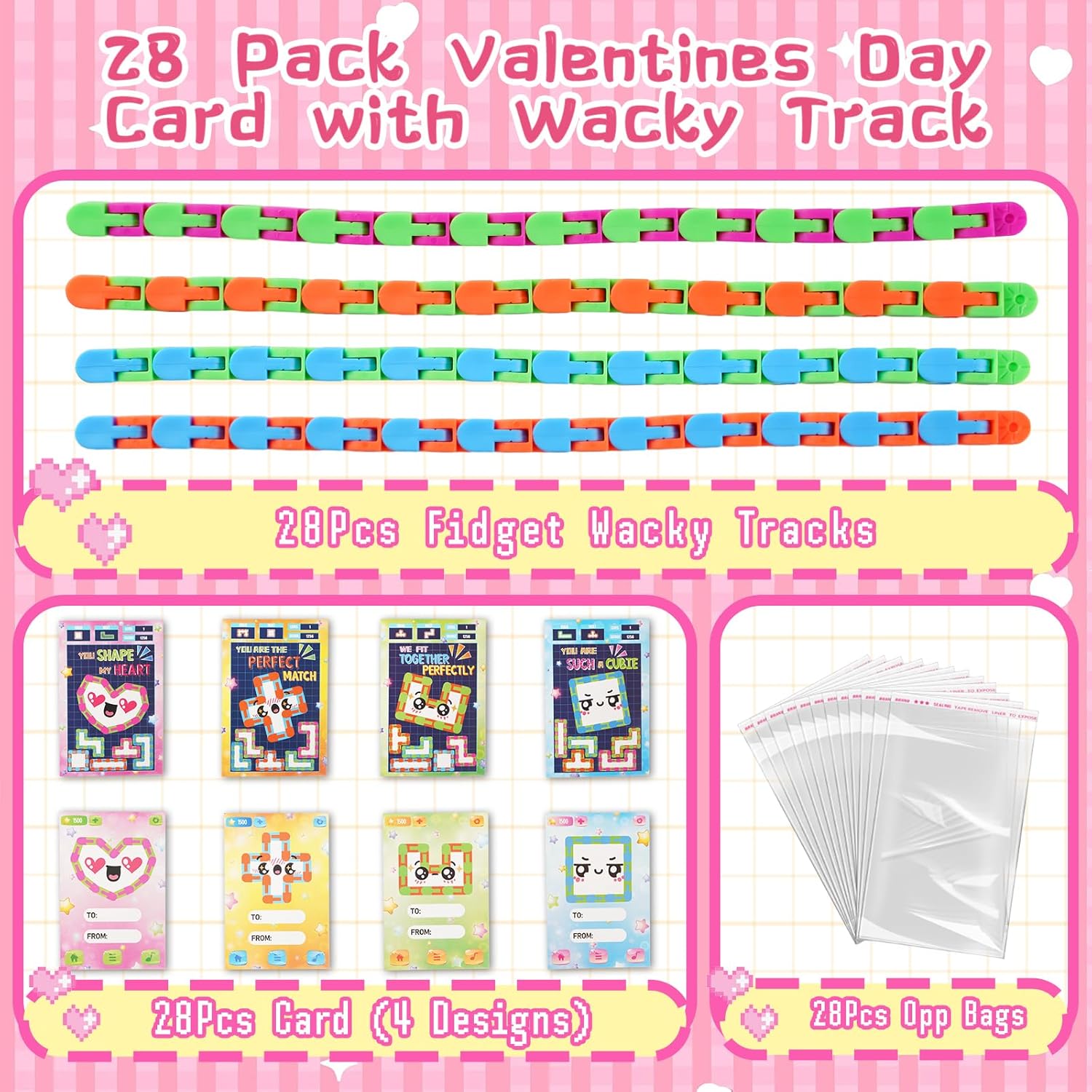 28 Pcs Valentine's Day Cards Wacky Tracks Fidget Toys Valentines Class Gifts for Kids School Classroom Fidgets Snap Snake Click Toys Finger Sensory Stress Relief Toys Exchange Gifts Party Favor