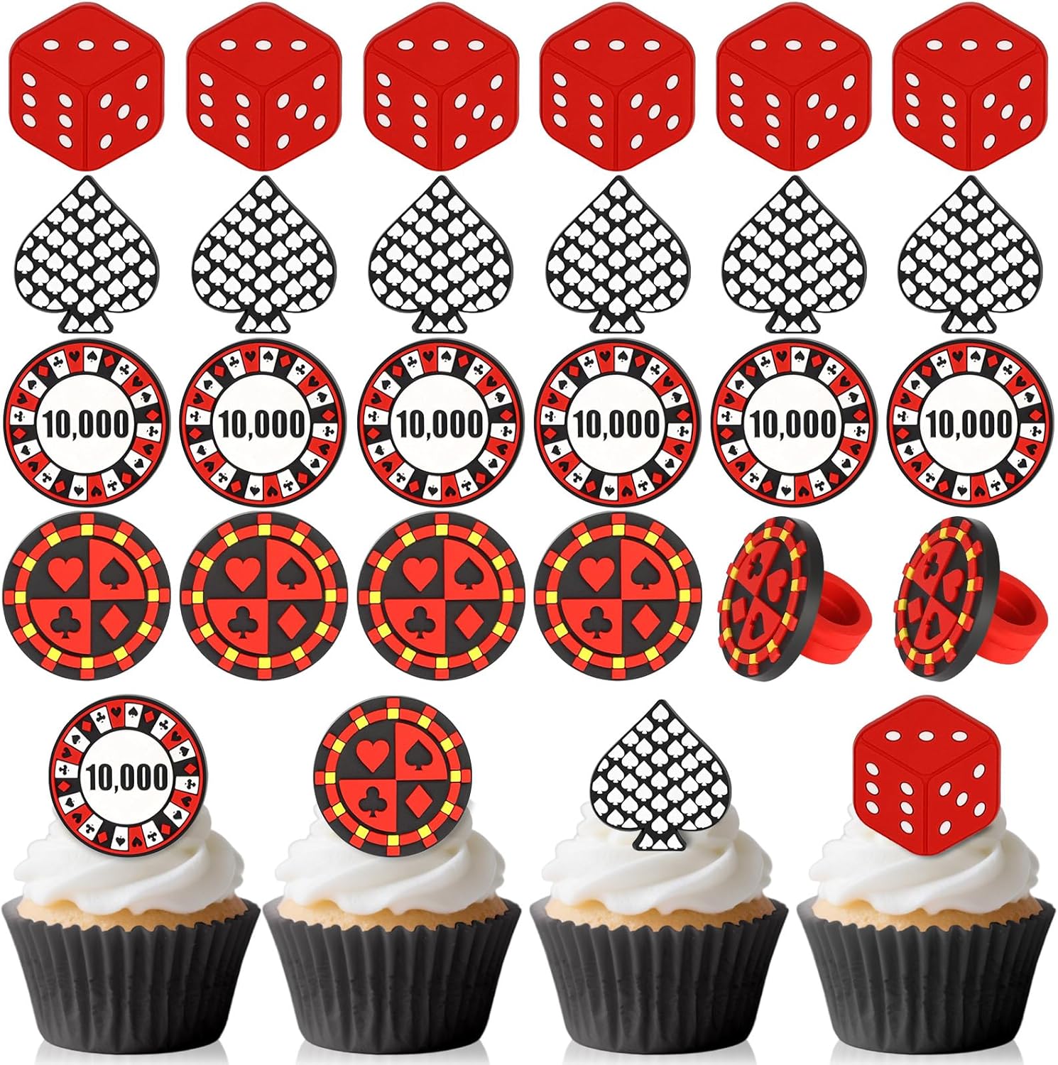 24Pcs Casino Cupcake Ring Toppers Poker Chips Heart Dice Cupcake Toppers Casino Theme Party Cake Decorations for Poker Game Night Las Vegas Birthday Corporate Events Party Supplies