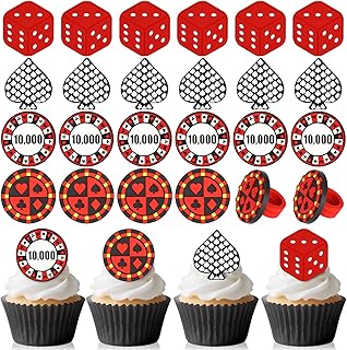 24Pcs Casino Cupcake Ring Toppers Poker Chips Heart Dice Cupcake Toppers Casino Theme Party Cake Decorations for Poker Game Night Las Vegas Birthday Corporate Events Party Supplies
