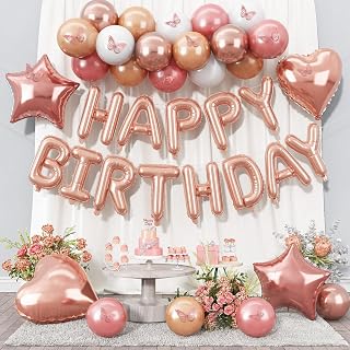 49 Pcs Rose Gold Happy Birthday Balloon Banner - 16 Inch Foil Letters Balloons 3D Butterfly and 4 Color Balloons18 in Heart and Star Foil Balloons for Women Girls Boys Party Decorations