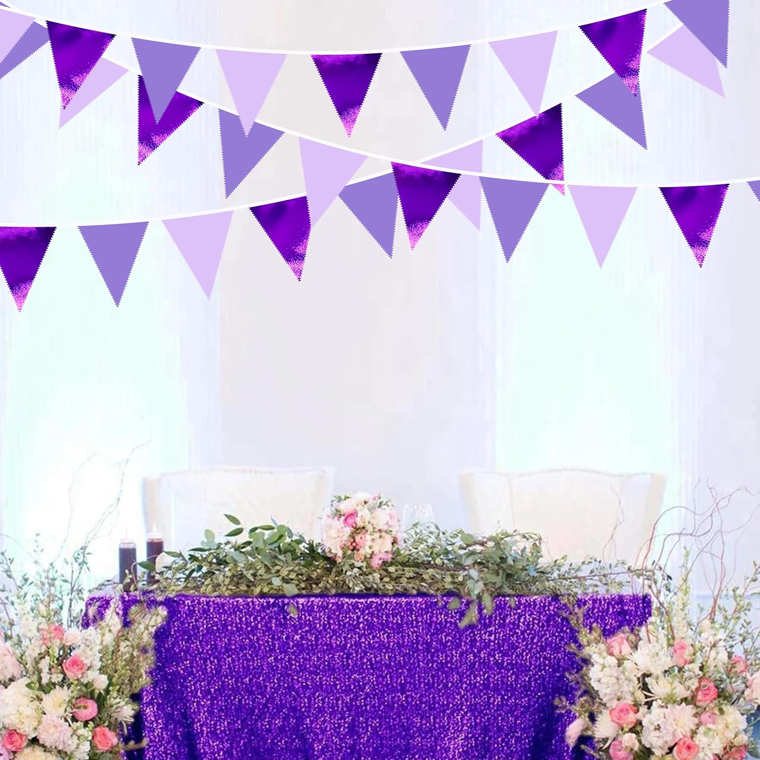 32Ft Purple Party Decorations Metallic Purple Triangle Banner Flag Pennant Fabric Garland Streamers for Lavender Birthday Baby Shower Bachelorette Wedding Violet Graduation Party Decor Supplies