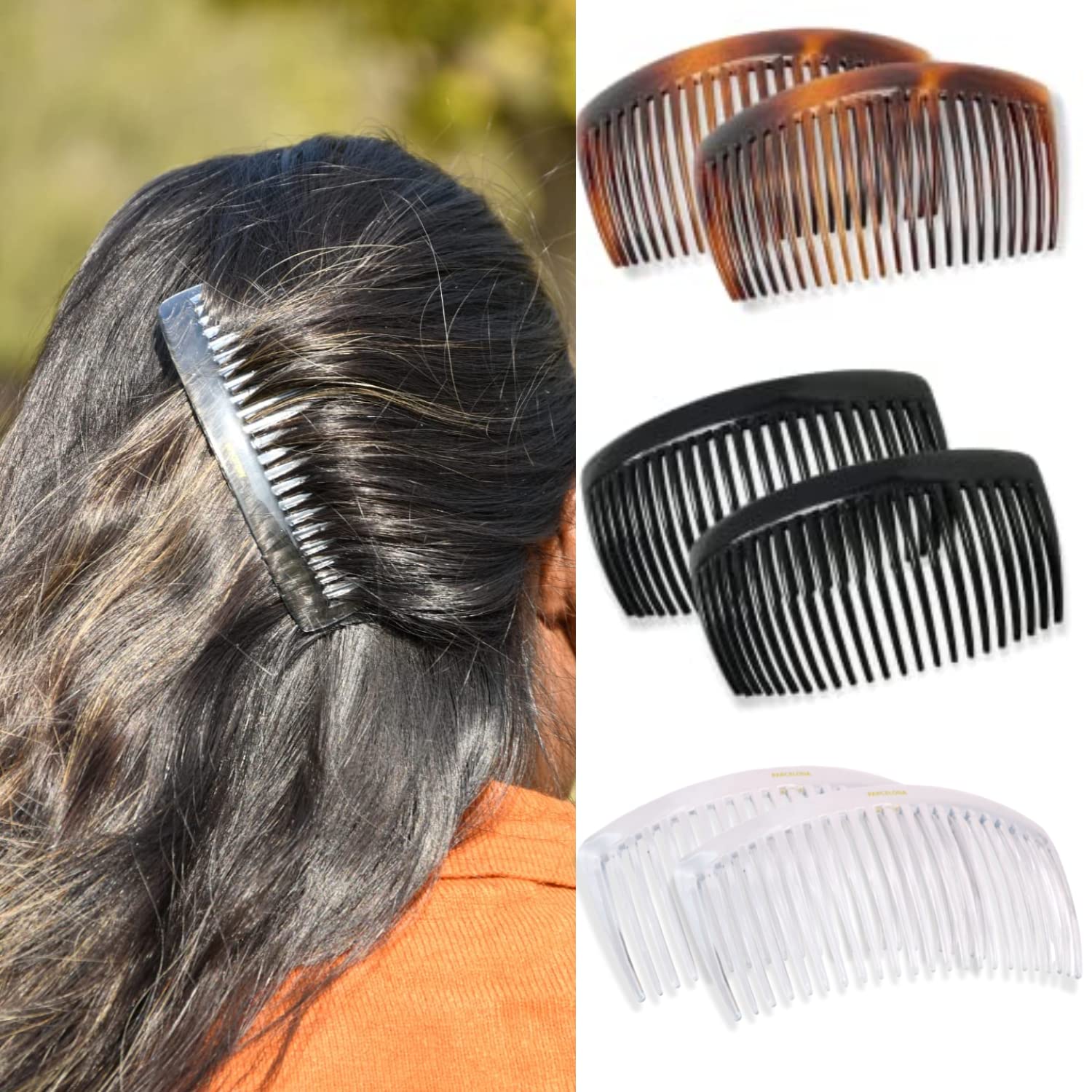 Parcelona French Glossy 23 Teeth Large 4 1/4" Celluloid Acetate 3 Colors Hair Clip Combos No Slip Grip Side Hair Combs for Women, Made in France (Shell Black Clear)