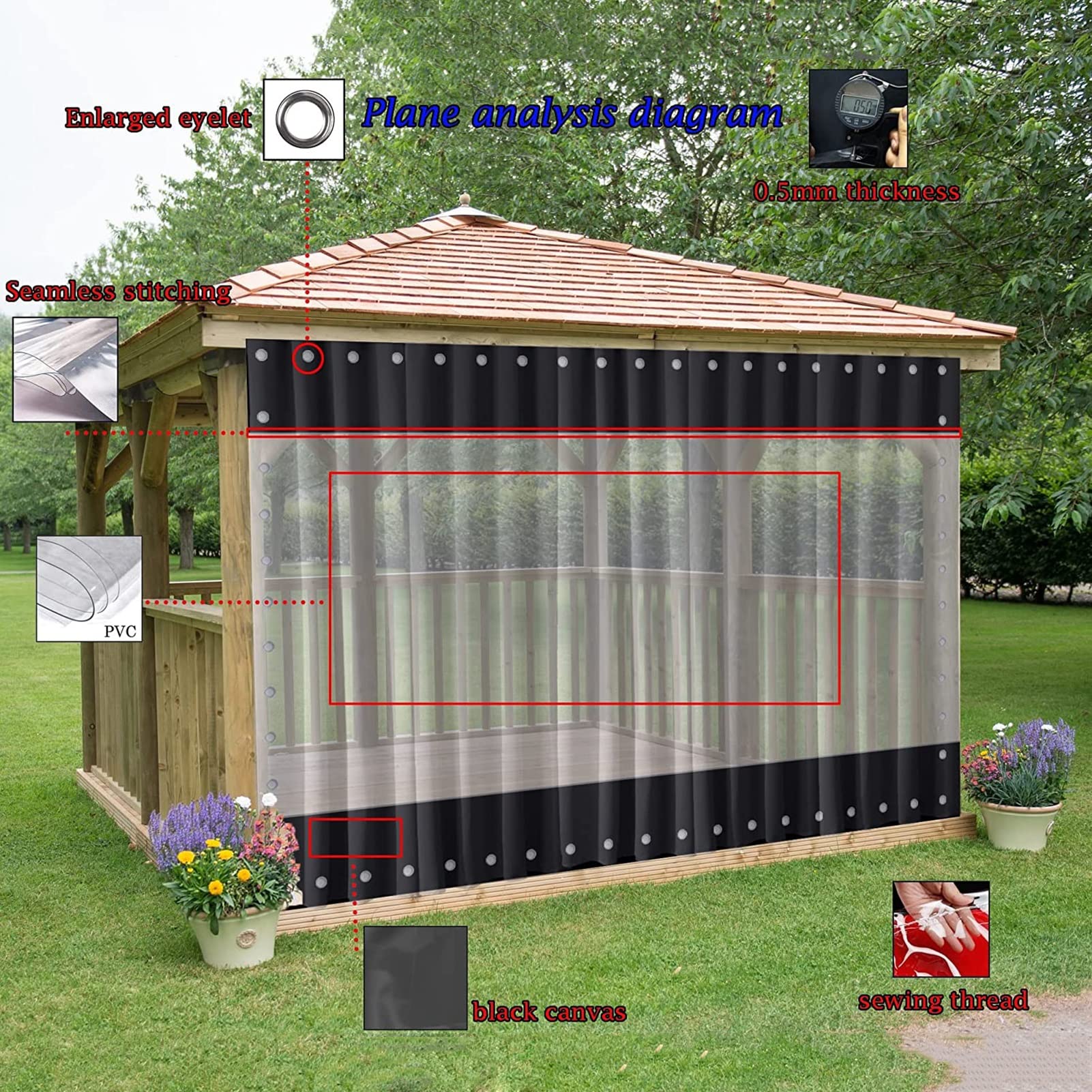 Waterdichte zijpanelen voor pergola doorzichtige plastic gordijnen voor buiten met oogjes 0,5 mm PVC voor alle seizoenen, Antraciet (Kleur : Transparant zwart, Maat : 4.20x2.50m