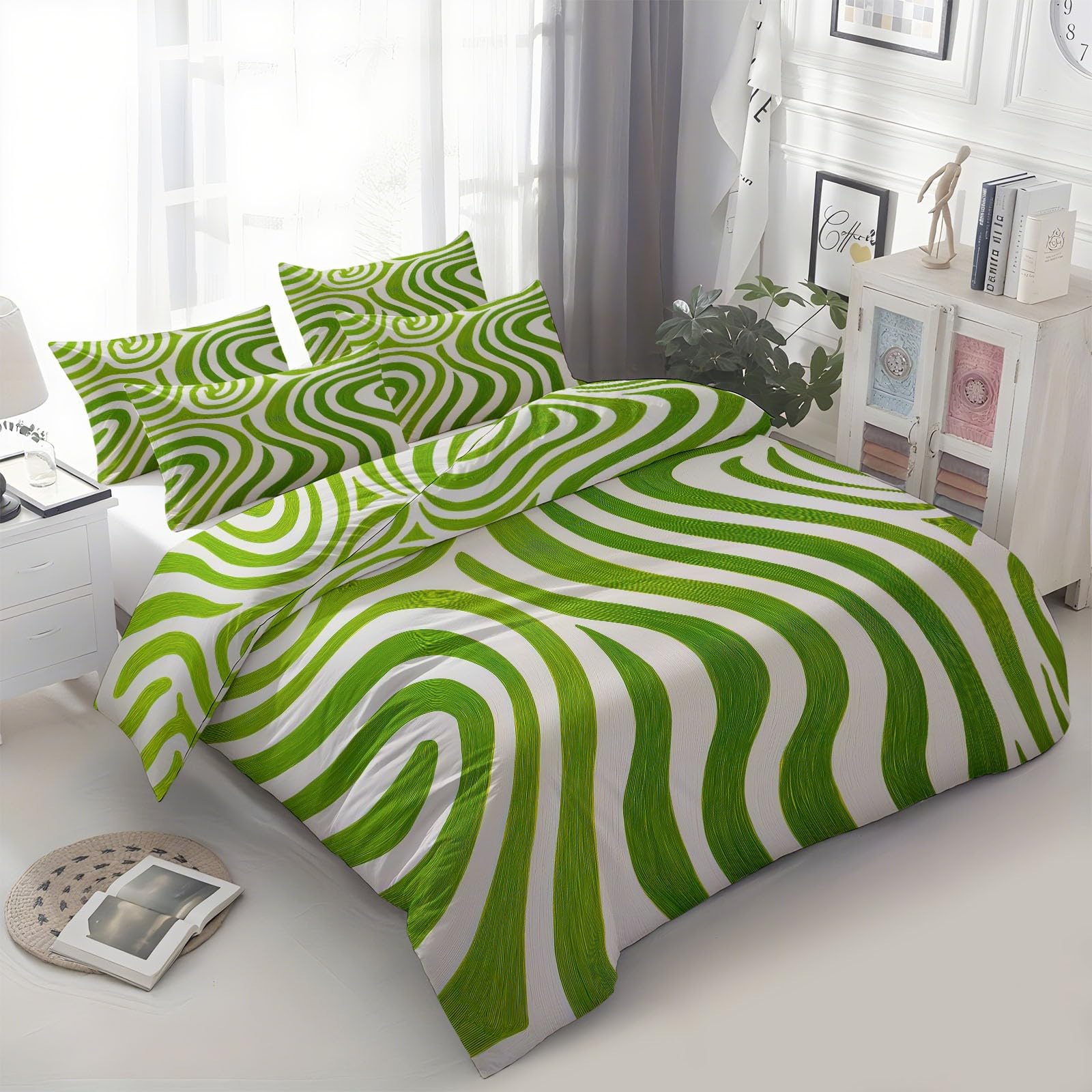 Generico Set Copripiumino Matrimoniale Strisce Ondulate Verdi Astratte 150 x 220 cm - Parure Letto con Motivo Stampato Morbida e Confortevole, Copripiumino Bianco-Verde Traspirante con Federe