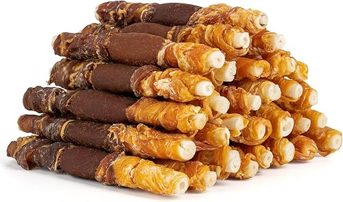 MON2SUN Golosinas para perros, bocadillos de cuero crudo de triple sabor de 5 pulgadas con hígado de pollo, pato y pollo envueltos en pollo para