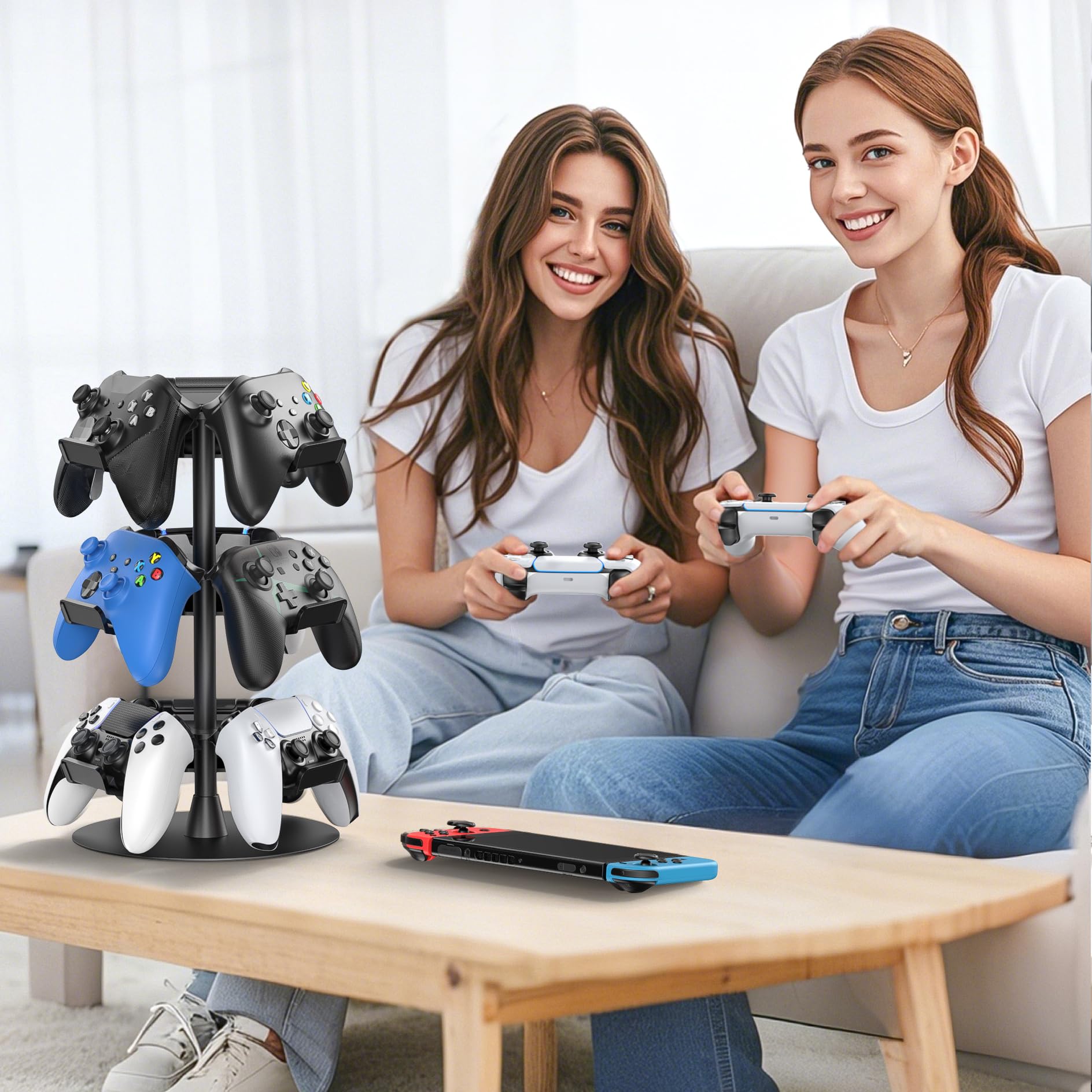 Soporte Mando y Cascos, 3 Niveles Soporte Auriculares para Mesa, 9 de Gran Capacidad para Organizador Mandos, Controller Holder Giratorio para Accesorios Gaming, Fácil de Guardar y Ensamblar, 3 Nivel