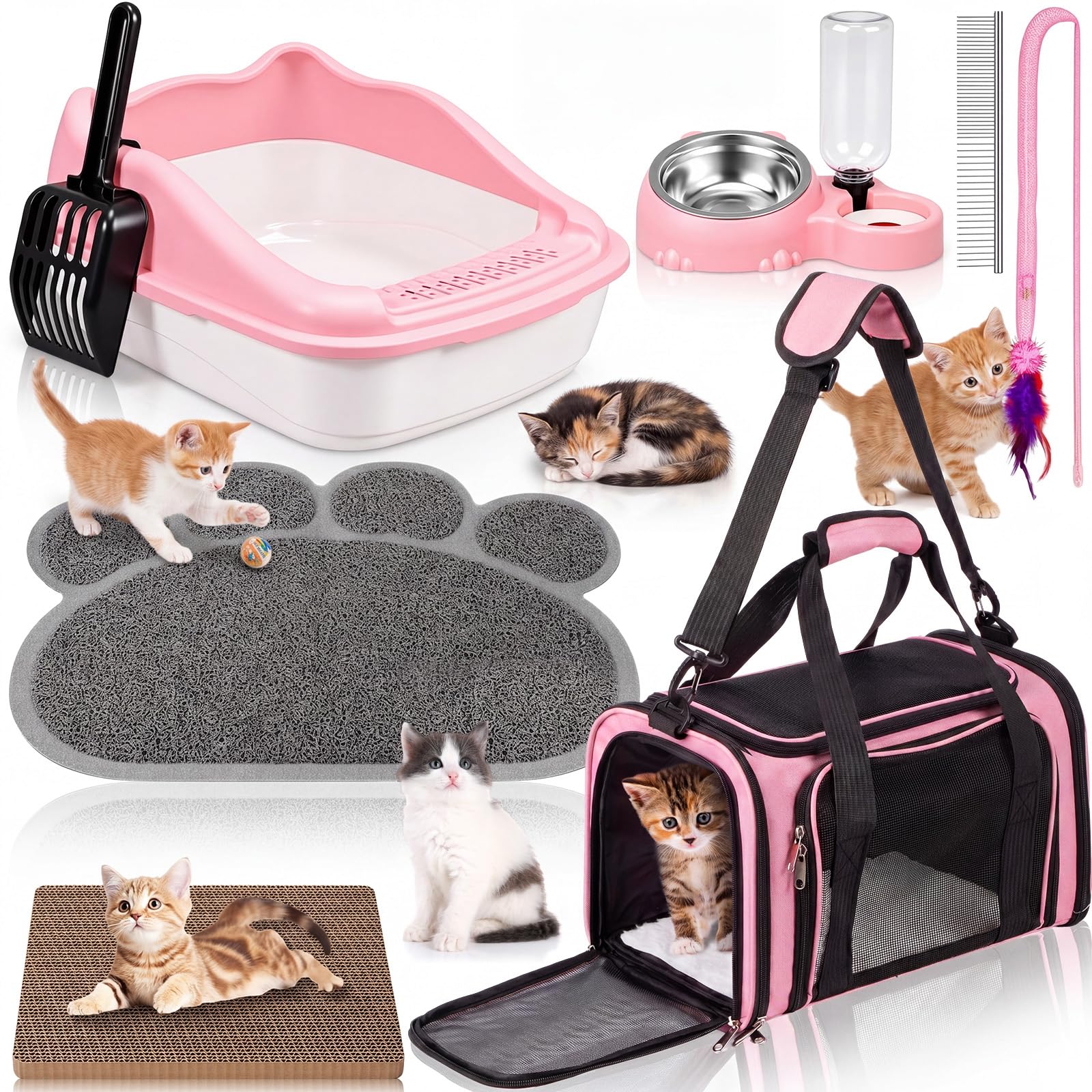 Kit de iniciación de 8 piezas de suministros para gatitos, kit de iniciación para gatitos para gatos, incluye caja de arena para gatos, cuencos, soporte plegable, accesorios de almohadilla