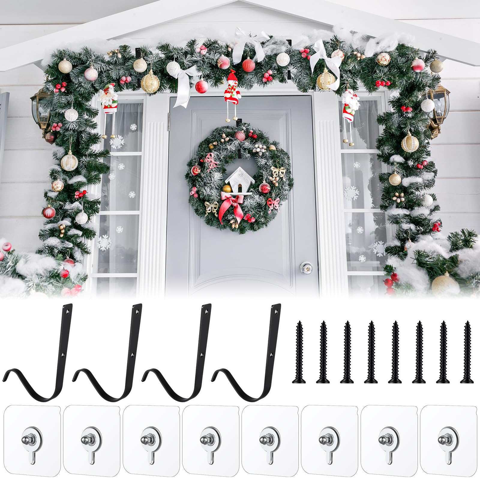MorningRo 4 Set Large Front Door Garland Hanger Heavy Duty Cast Iron 33 lb Door Garland Hanger Self Adhesive Hook No Nails Screws for Christmas