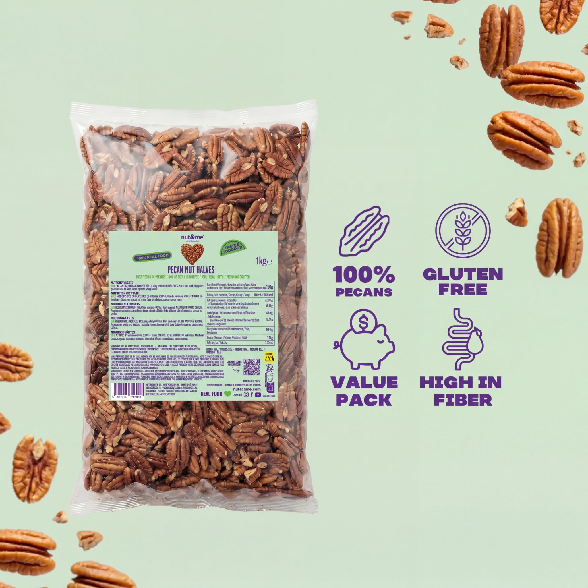 nut&me Nueces Pecanas Junior Mammoth 1 kg | Nuez pecana variedad Fancy, sin cáscara, sin gluten y sin aditivos | Frutos secos sin sal para repostería, ensaladas, yogur, granola y recetas dulces