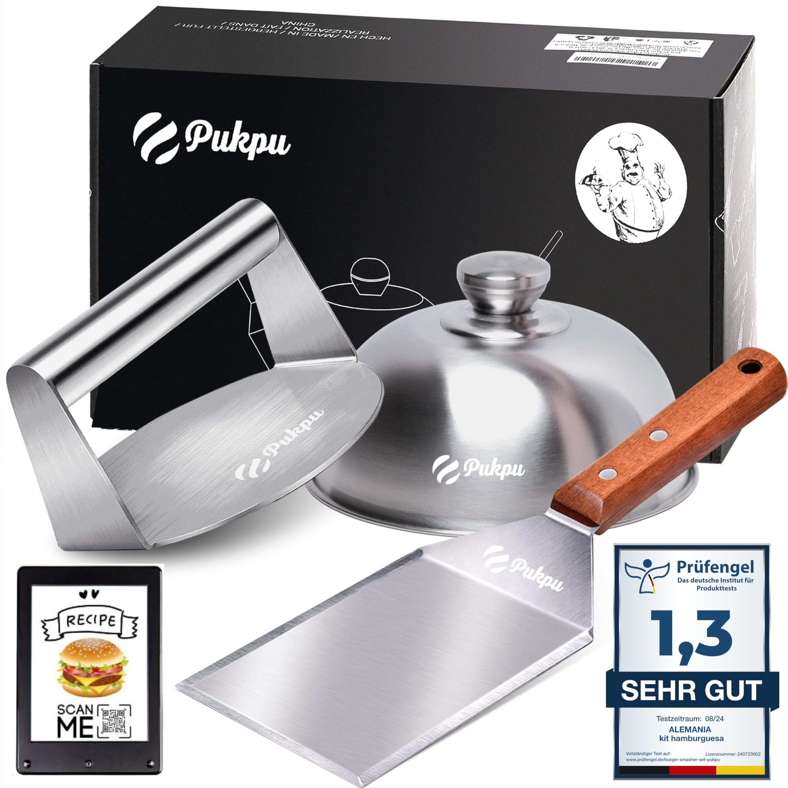 Smash Burger Set 3-teilig Holzgriff – Burgerpresse Edelstahl, Burgerglocke & Grillspachtel – Smashburger Zubehör für Plancha, Grill & BBQ
