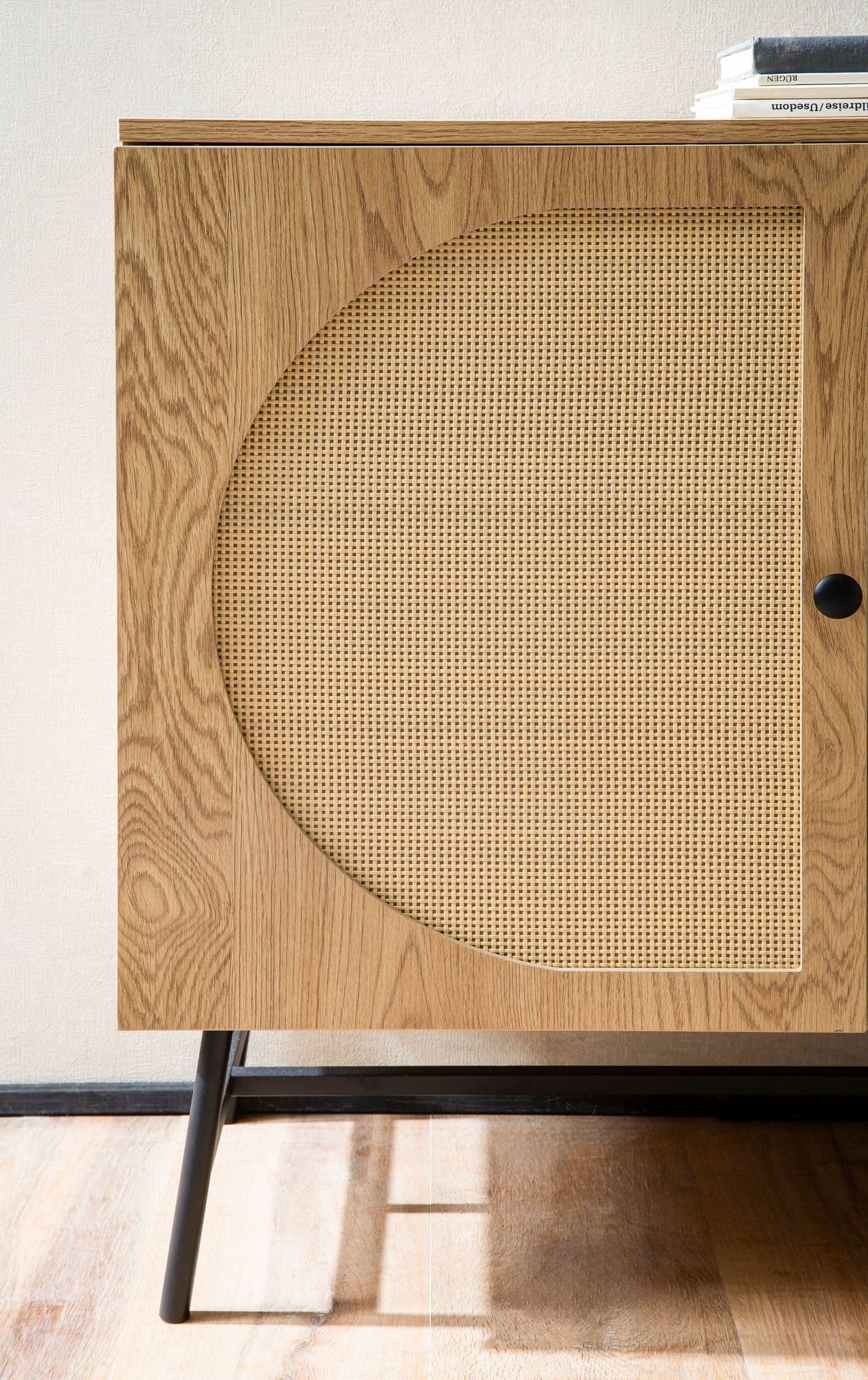 FineBuy Sideboard 140x39x80 cm Eiche-Dekor Rattan mit 3 Türen