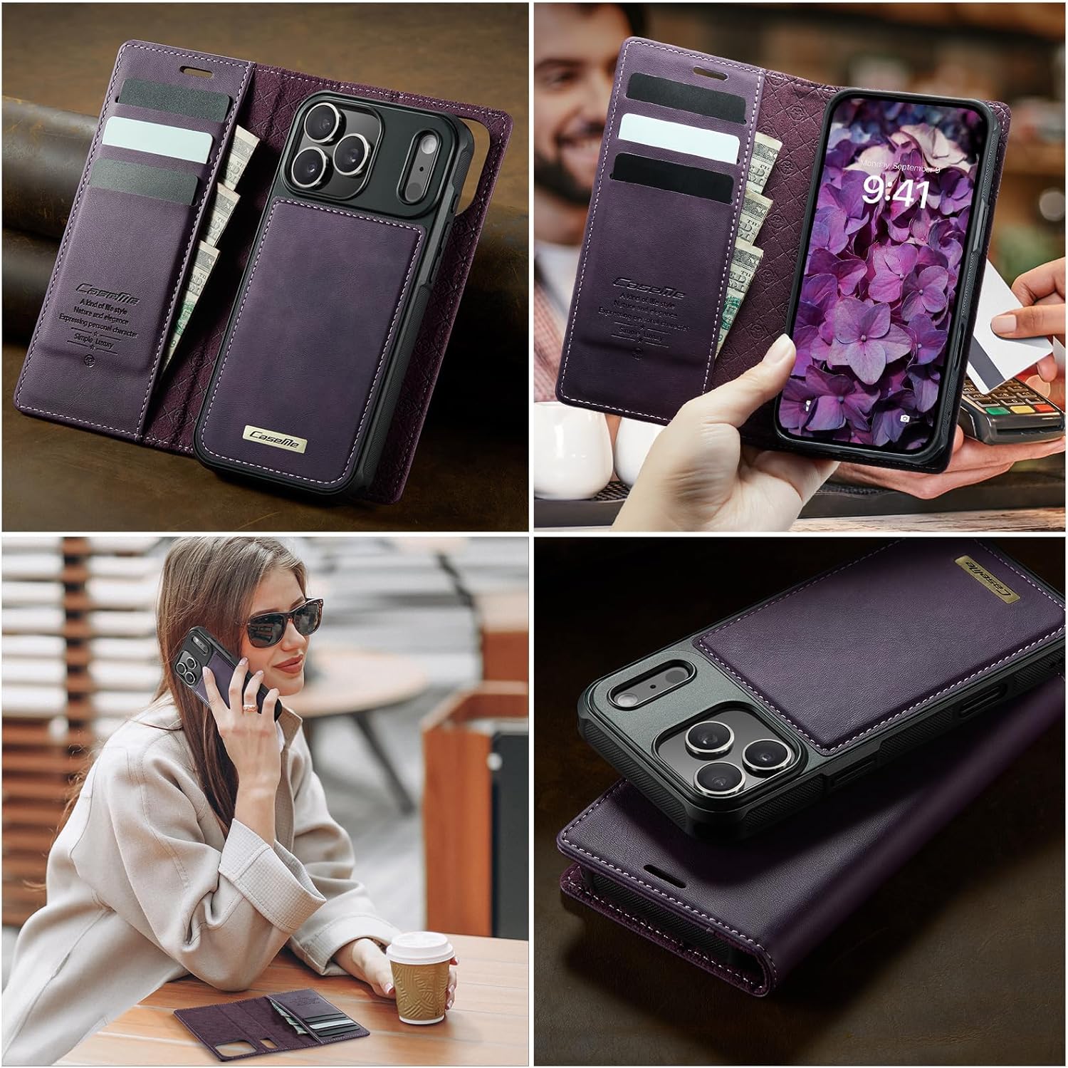 Kowauri Case for iPhone 17 Pro, PU Leather Wallet Flip Case with Card Holder RFID Blocking, Magnetic Detachable Shockproof Phone Cover Wireless Charging Compatible for iPhone 17 Pro (6.3 inch), Purple - Image 8