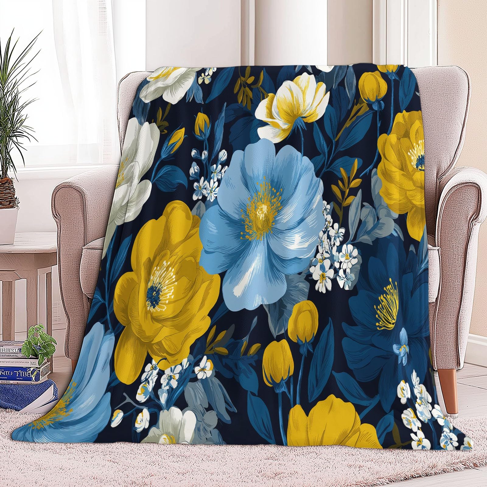 Manta de franela mullida de 220 x 240 cm, de lujo de plantas y flores, manta para sofá y cama como manta de sofá, manta de forro polar de microfibra suave como colcha y manta de sofá, color azul