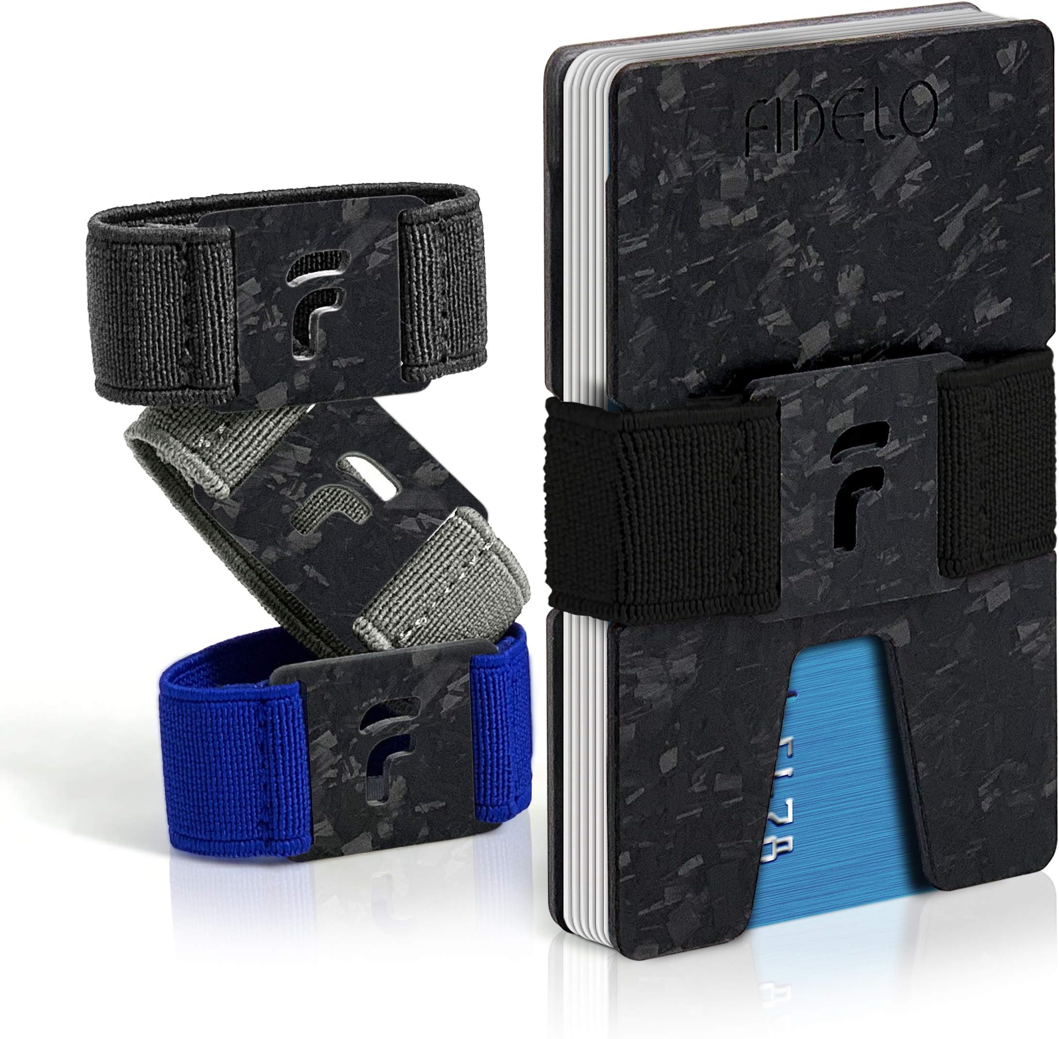 Fidelo Minimalist Wallet For Men - Slim RFID Blocking Mens Wallets Credit Card Holder. 3K Carbon Fiber. Compact Wallet Comes With 4 Cash Bands (Black, Dark Grey, Light Grey & Blue) - Prestige Forged