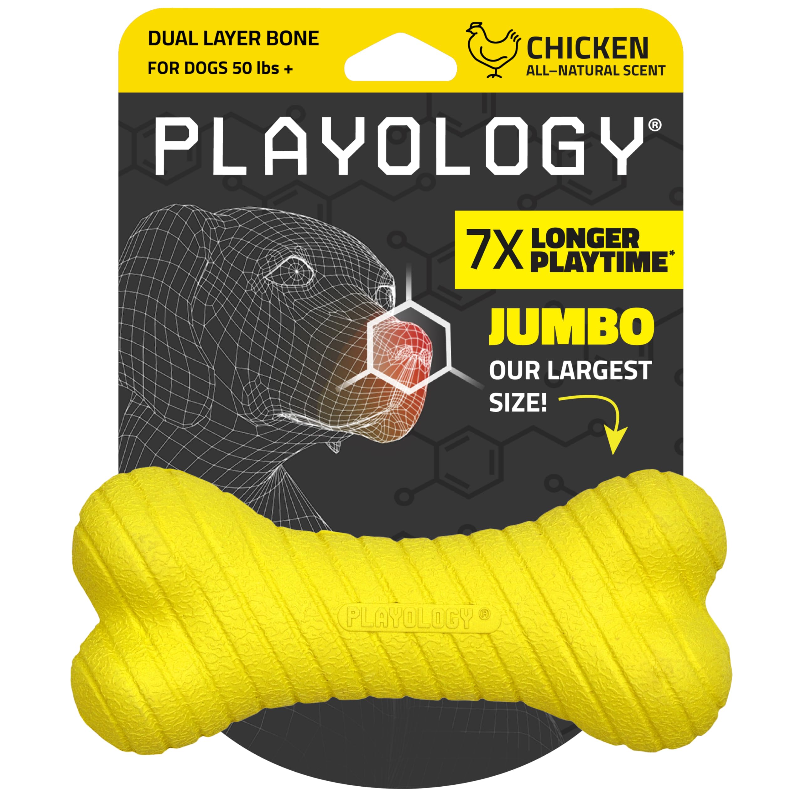 Playology Dog Bones - Dog Toys for Large Dogs (35+ lbs) - Natural Chicken Scent, Tough Dual Layer For Aggressive Chewers - 1 Yellow Dual Layer Bone
