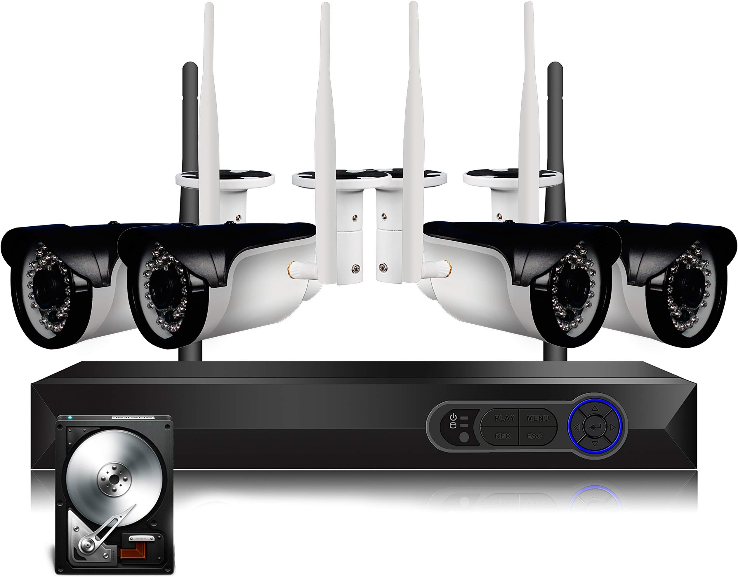 Wireless Security Home Surveillance System 8CH/4CH 1080P WiFi NVR Kits + 4Pcs/2Pcs 2.0MP Wireless IP CCTV Cameras (4CH 2.0MP System with 1TB)