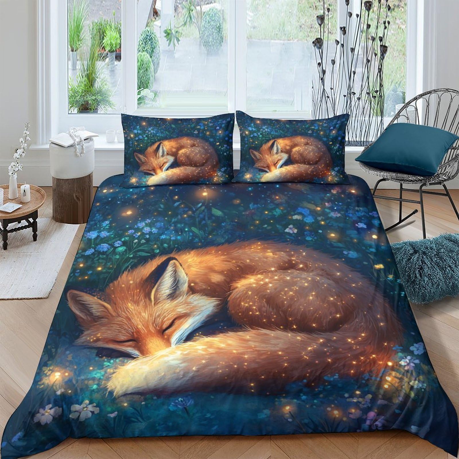 Ctjqhvkz Style-5 3D Printed Sleeping Fox Fitted Sheet Microfiber Soft Blue Night Forest Mattress Cover For Bedroom Guest Room Decor Single（135X200cm）