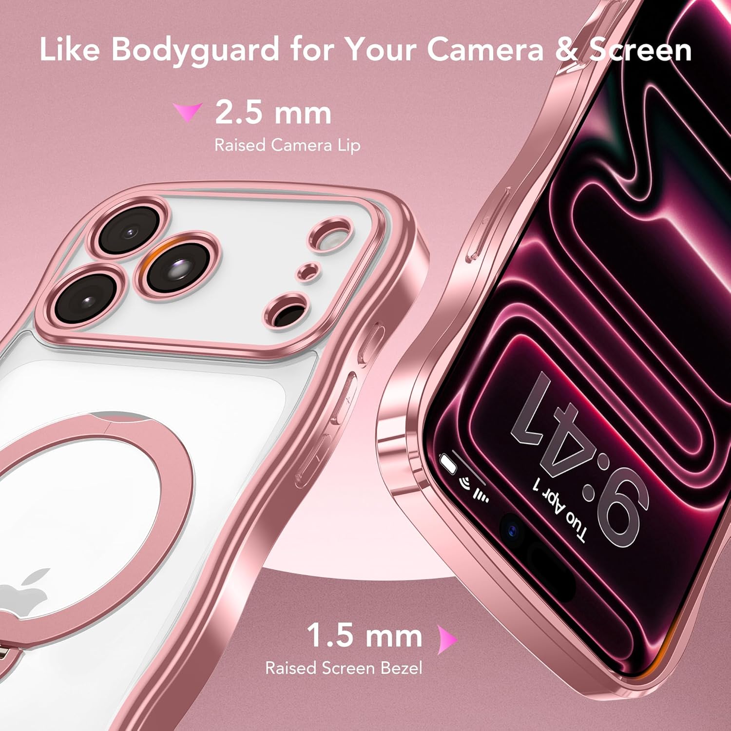 GolbinBox for iPhone 17 Pro Max Case with 360° Spin Magnetic Stand, [Compatible with MagSafe] [Camera Protection] Wave Glossy Plating Phone Case for Women Girl,Pink/Clear