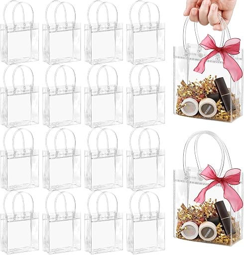 Jutieuo 50 PCS Small Clear Gift Bags with Handles, 4.9 x 5.9 x 2.8 Inches | Reusable Plastic Goodie Bags, Transparent Party Favor Bags, Mini Tote Bags Bulk, For Weddings, Birthdays, Events, Classrooms
