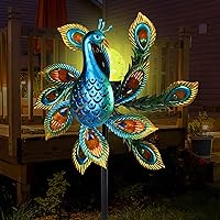 Vista 1 de Molinillo de viento solar para exteriores de metal cinético con iluminación LED, bola de vidrio, pavo real con estaca, molino de viento decorativo