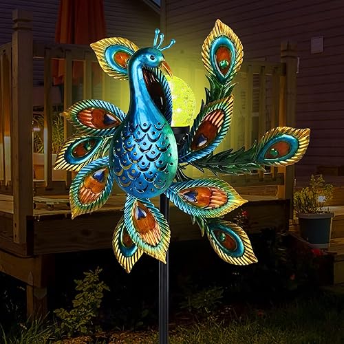 Molinillo de viento solar para exteriores de metal cinético con iluminación LED, bola de vidrio, pavo real con estaca, molino de viento decorativo