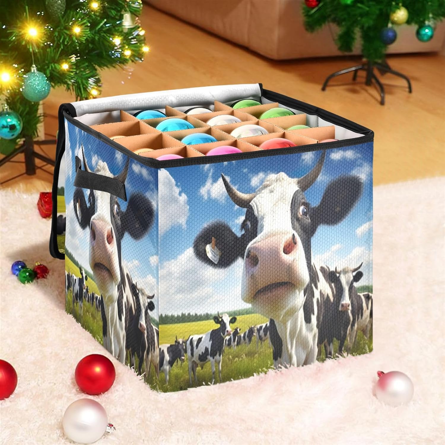 Funny Cow 13 Inch Christmas Ornament Storage Box with Lid - Holiday Decor Storage Containers, Stores 64 Ornaments, 3 Inch Cube Compartments