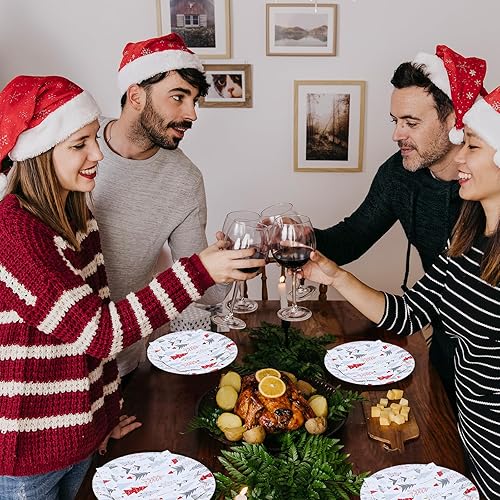 Miniatura 7 de ZVK Juego de platos y servilletas de papel de Navidad, vajilla de papel de Navidad blanca, vajilla desechable, suministros para fiestas, 40 piezas,