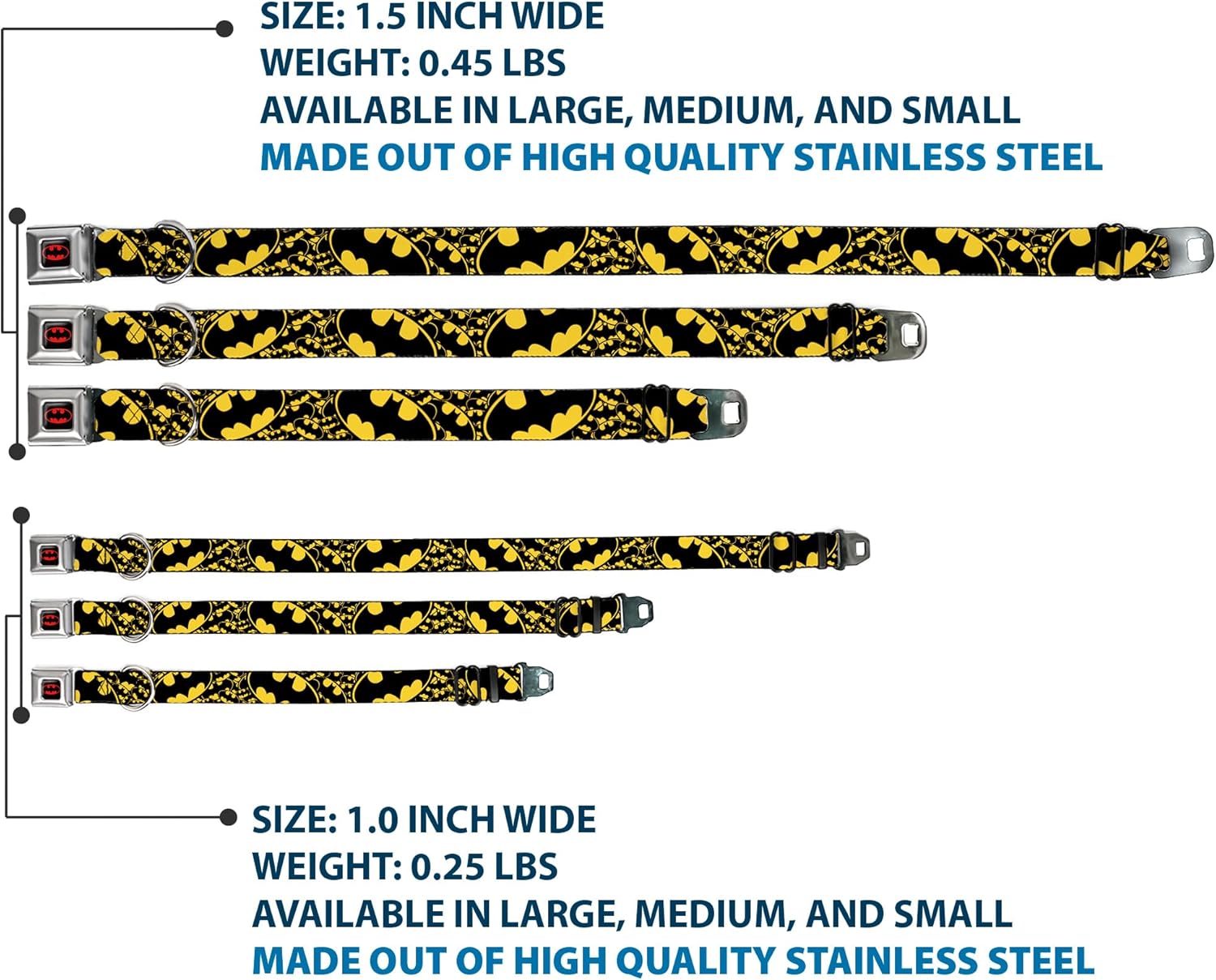 Buckle-Down Seatbelt Buckle Dog Collar - Bat Signals Stacked w/CLOSE-UP Yellow/Black - 1" Wide - Fits 9-15" Neck - Small