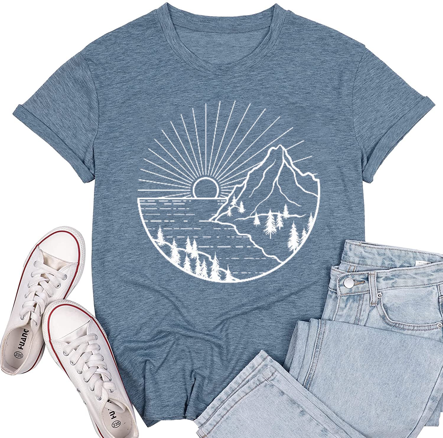 Women Hiking Mountain Shirt Nature Sunrise Pine Tree Graphic Printed Short Sleeve O Neck Regular Fit Workout Casual Tee Tops, Blue, M