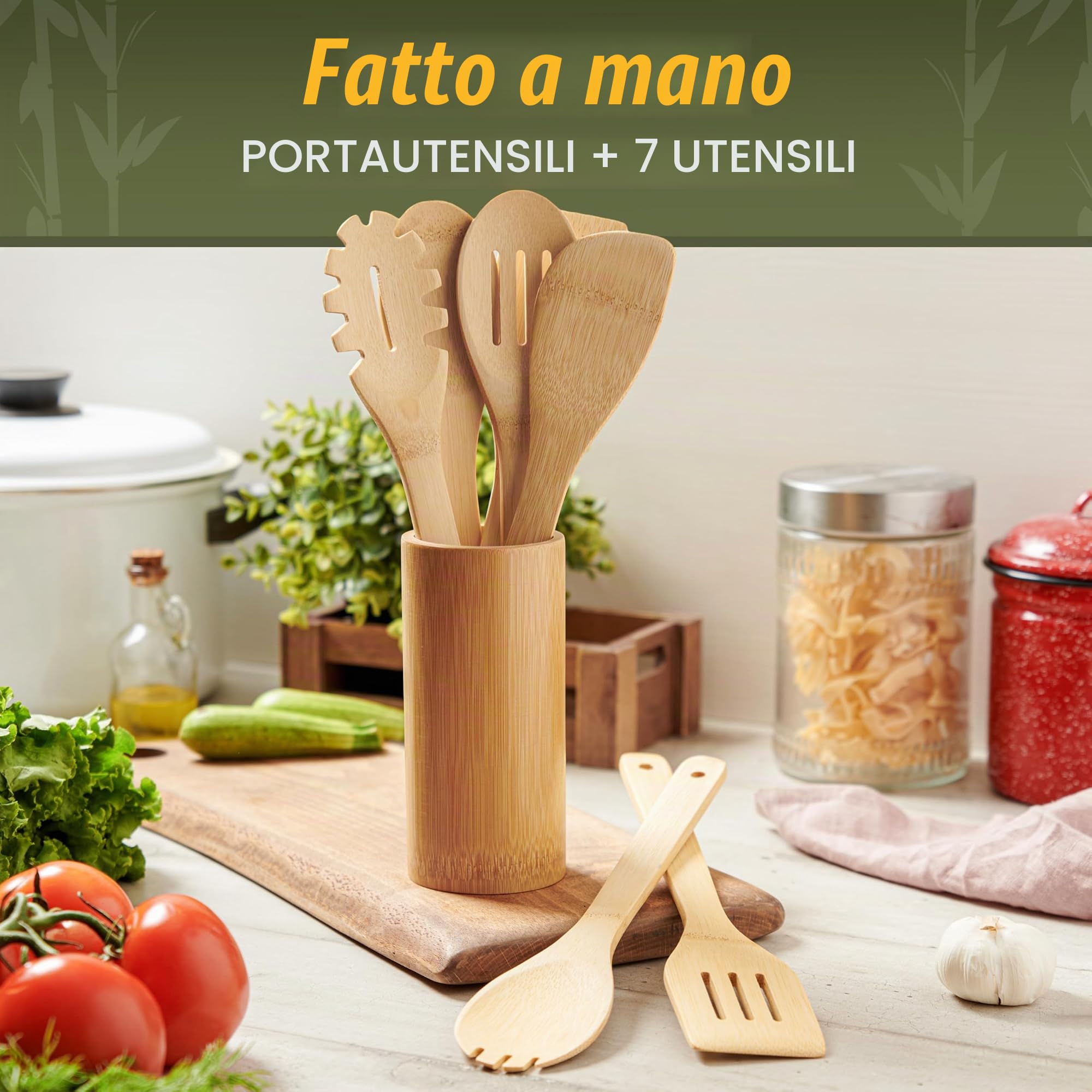 Set di 7 cucchiai da cucina in legno con supporto in 100% bambù
