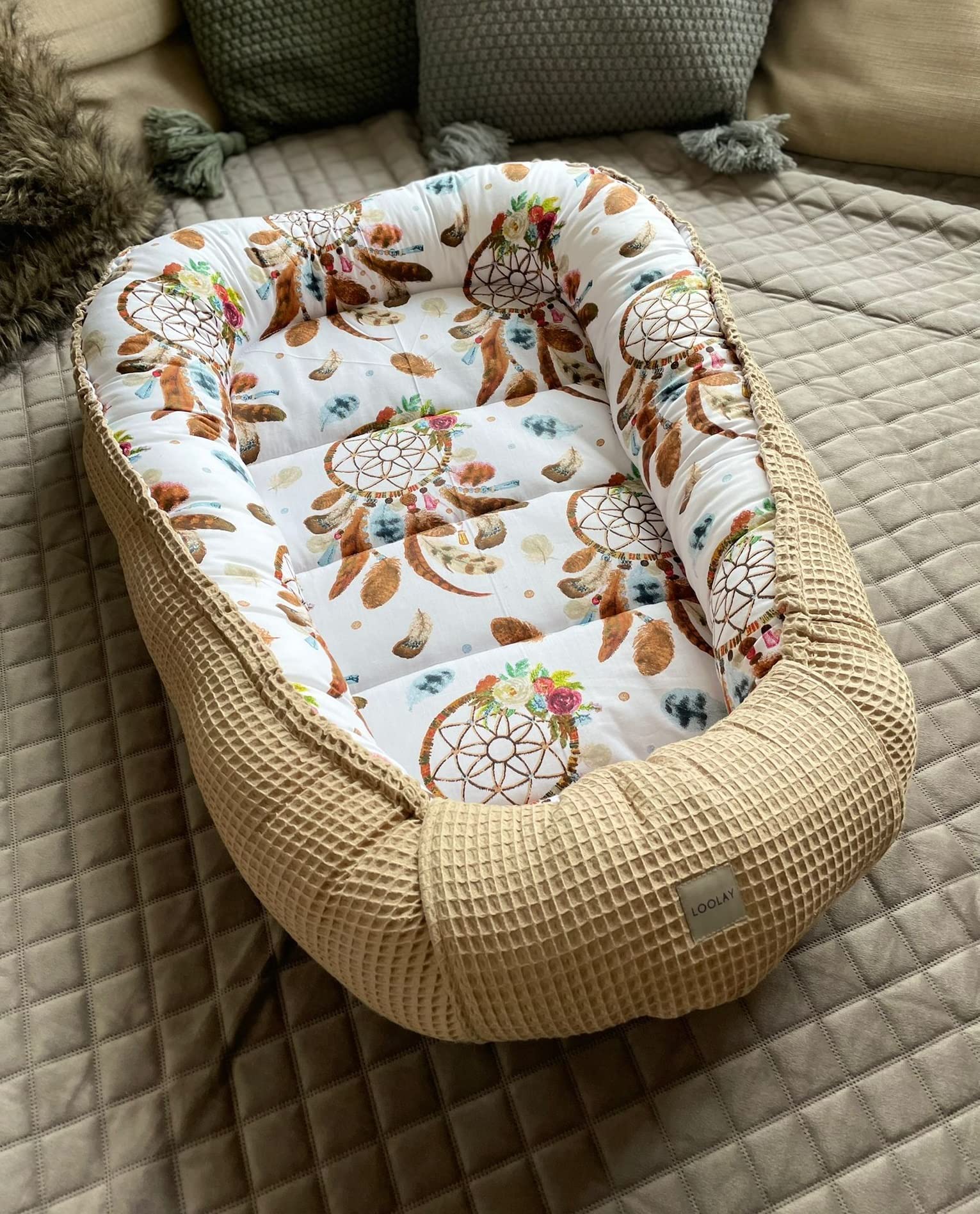Traumfänger BOHO/Waffelpique TAUPE Babynest Babyaustattung Neugeborene Baby Unterlage Reisebett Nestchen SOLO/o. in Geschenk SETS (Nestchen SOLO)