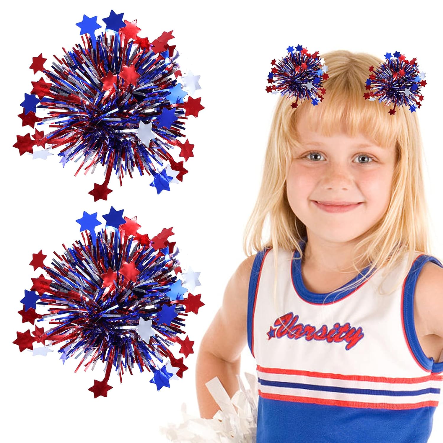 July 4th Patriotic Pom Pom Hair Clips Girls Kids Metallic Cheer Bow Barrette Glitter Red White Blue Decor Accessories Independence Day Party Favor Gift for Cheerleader Women