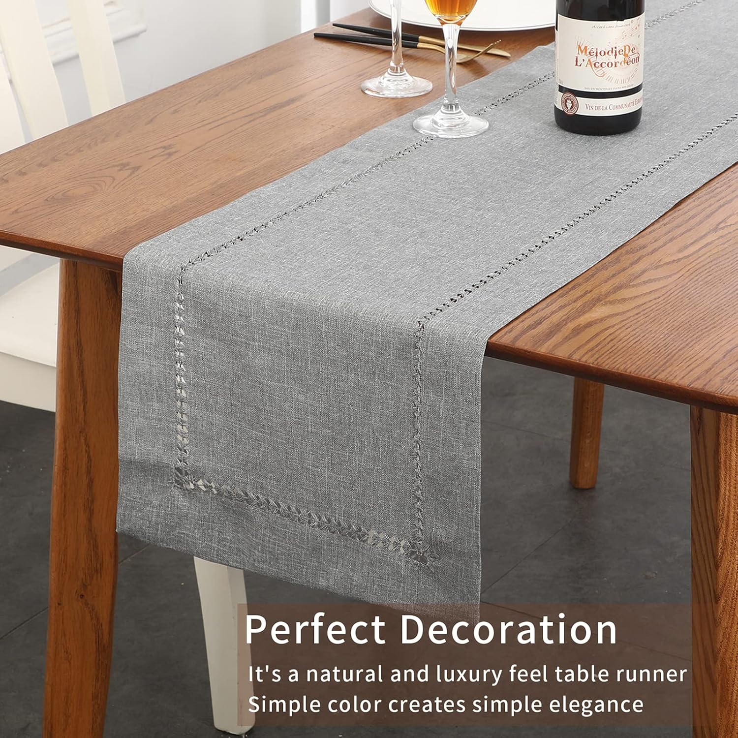 Tosewever Decorative Hemstitch Linen Table Runner Farmhouse Style Tabletop Collection Handcrafted Table Runners for Everyday Dining Wedding Party Holiday Home Decor (14 x 72 Inches, Grey) - Image 3