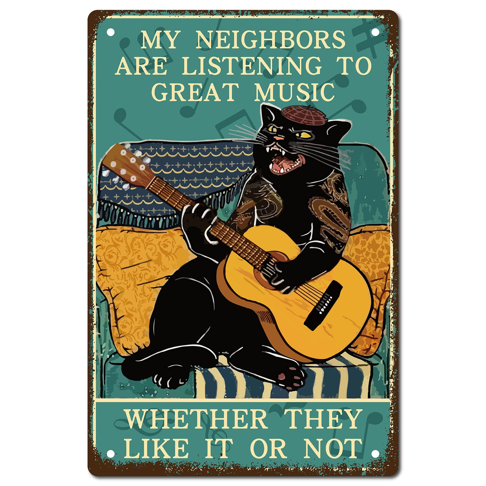 CREATCABIN Cat Guitar Metal Metal Tin Sign Music Rock Iron Poster Posters Retro Vintage Waterproof My Neighbors Are Listening Great Music for Wall House Home Cafes Bar Pub 20x30cm