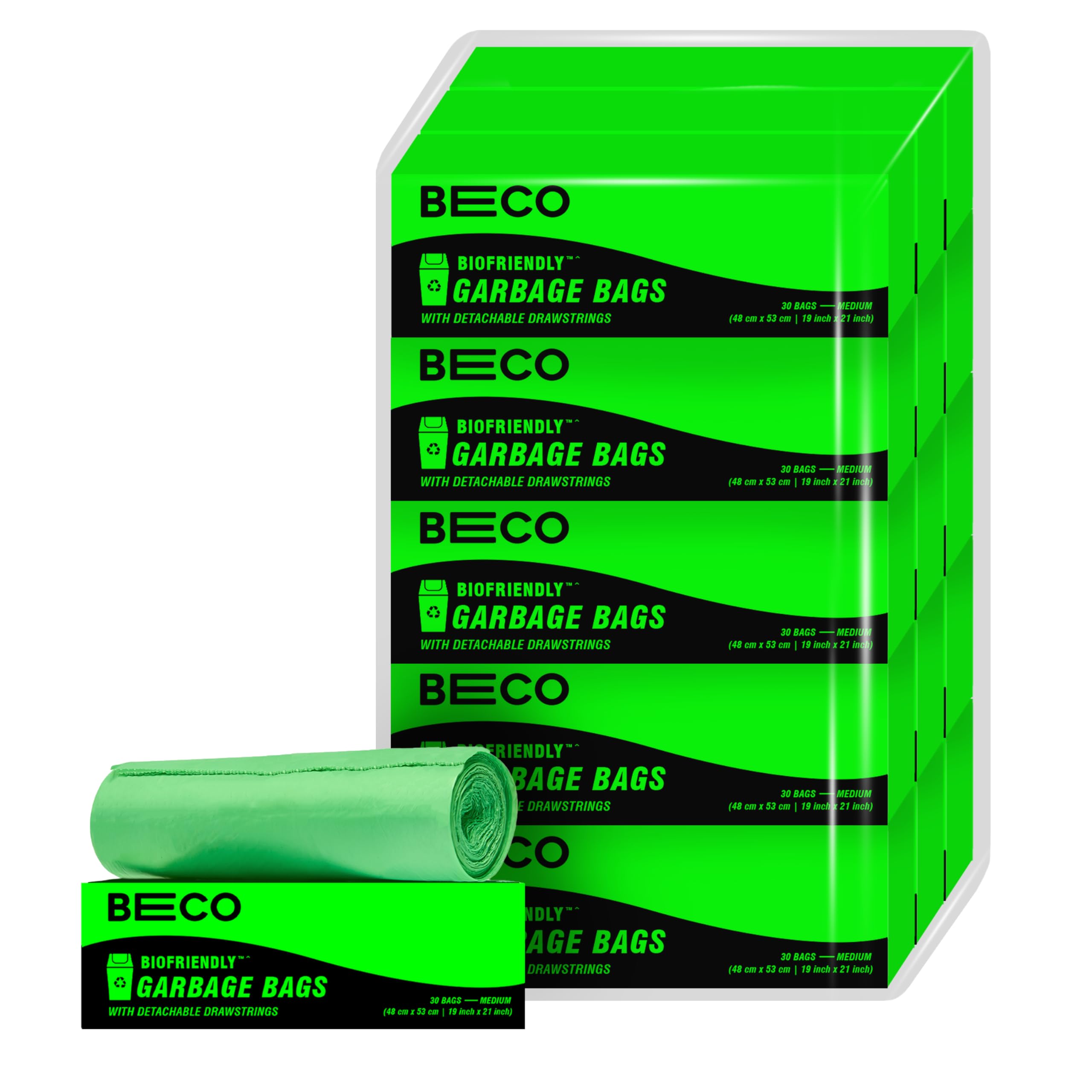 Beco Eco-Friendly Garbage Bags | 450 Pcs | Medium-19 x 21 Inches | 30 Bags x 15 Rolls | Green | Dustbin/Trash Bags with Detachable Drawstrings | For Dry & Wet waste