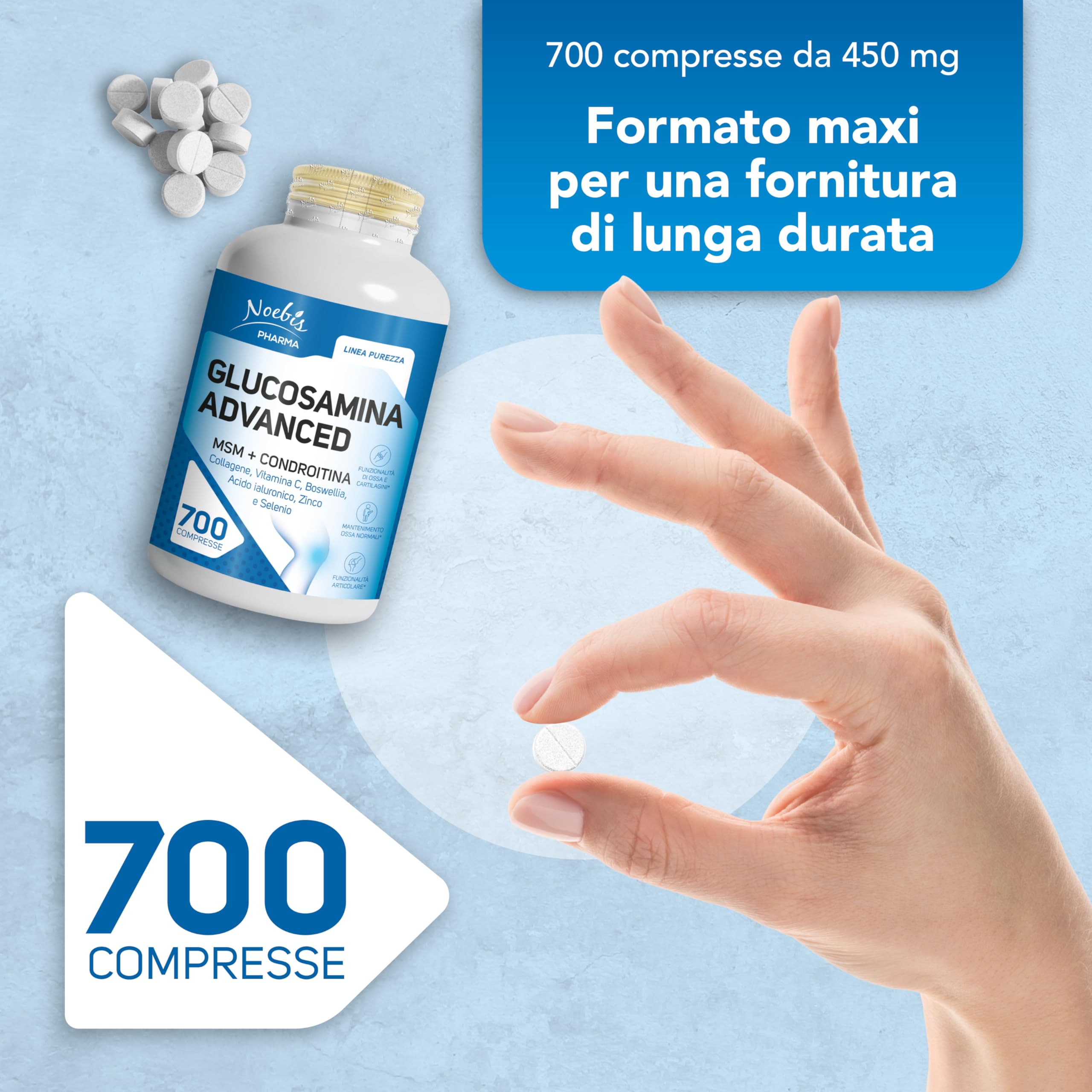 Glucosamina Advanced Noebis Pharma - Glucosamina, MSM, Condroitina, Collagene, Acido Ialuronico e Boswellia - 700 Compresse - Benessere Articolare