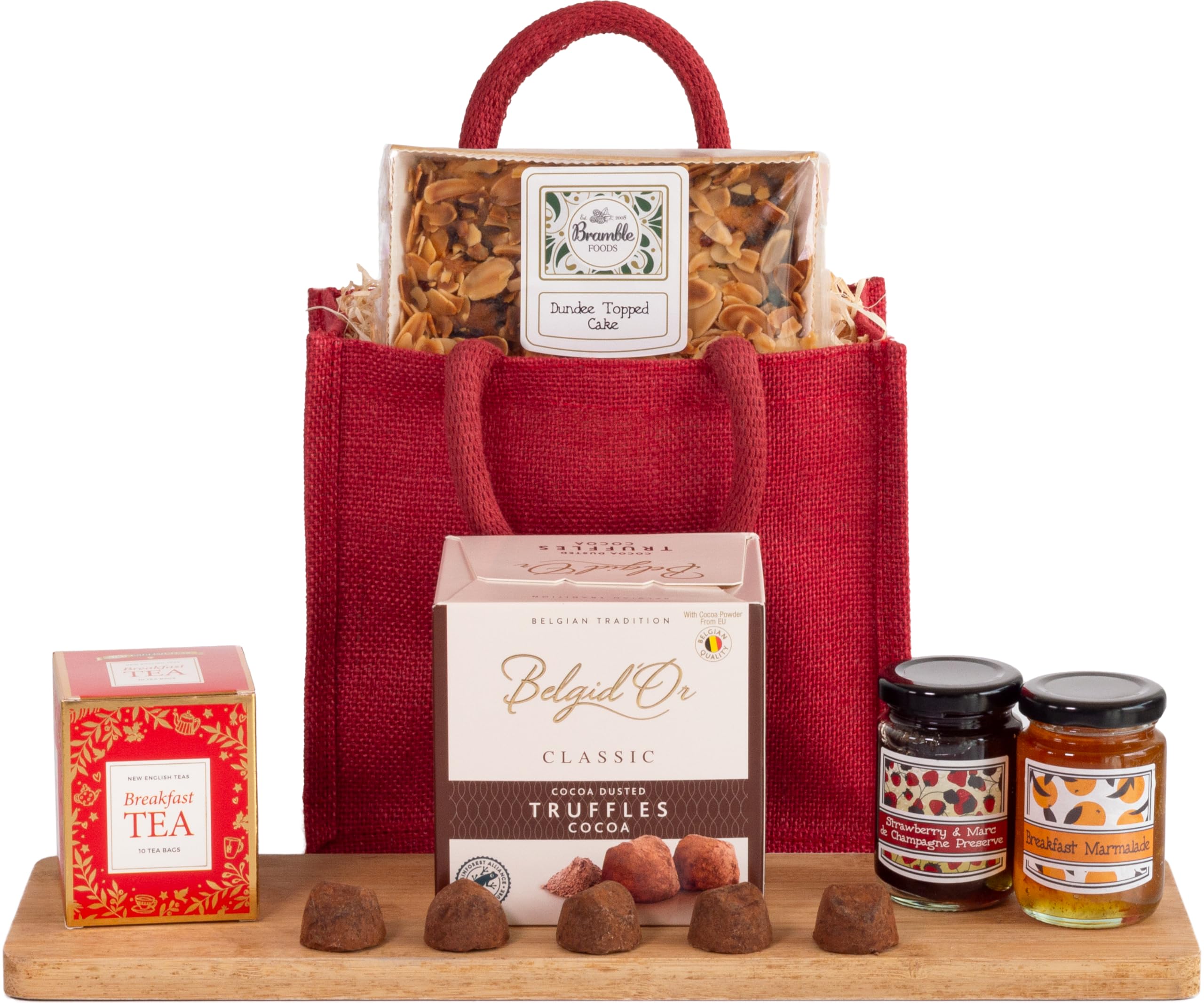 InterHamper | Tea Time Treat Hamper Gift with Dundee Cake, Belgium Truffle Chocolates, Jams and Marmalades all presented in a Jute Bag