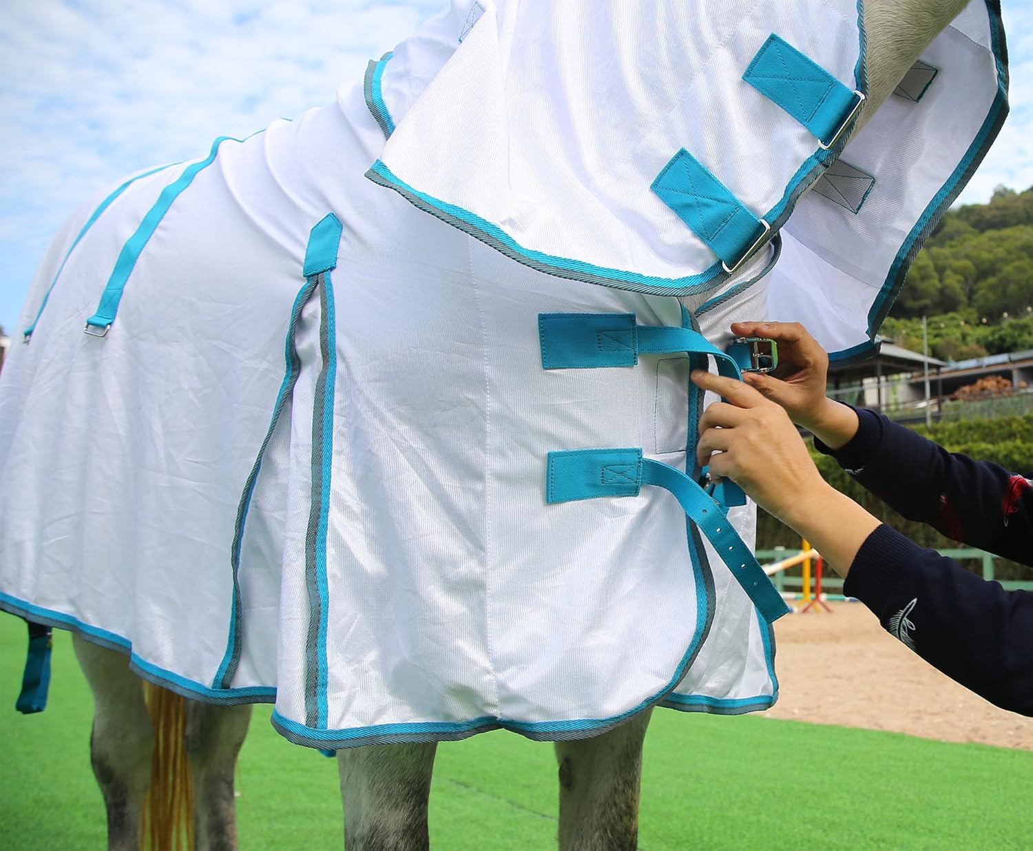 Horse Fly Sheet with Detachable Neck Cover & Belly Wrap, Adjustable Fly Sheet for Horses, Ventilated Airflow Mesh Equine Cooling Summer Flysheet White 78