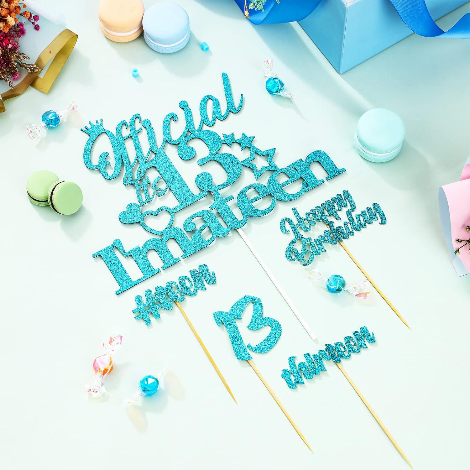 13th Cake Decorations - Official 13 I'm a Teen Cake Topper with 24 Pack Cupcake Toppers Teal Blue Glitter for Teenager Girls Thirteen Birthday Party Supplies