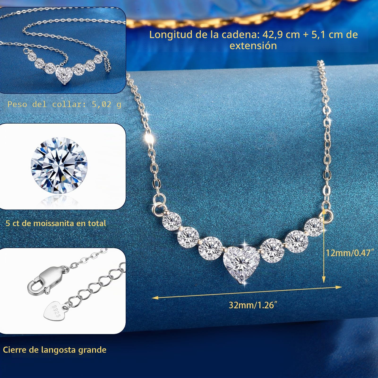 Regalos para el día de la madre para mamá, aniversario de regalo de cumpleaños para esposa, regalos de boda para mujeres, collares de corazón. Colgante de novia de moissanita. Joyería fina