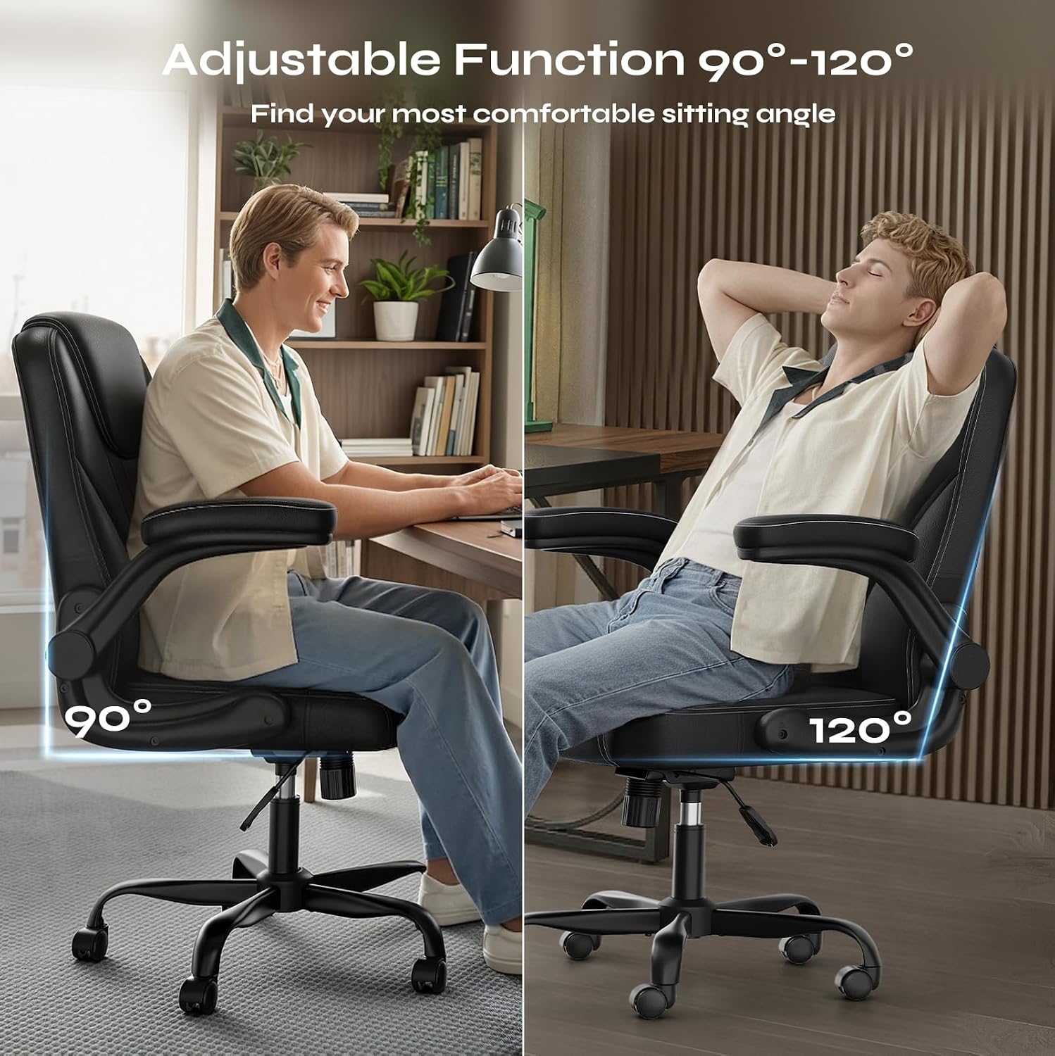 Pinmoco Ergonomic Office Chair, Mid Back Executive PU Leather Desk Chair with 3.5" Dual-Layer Cushion, Flip-Up Armrests, Swivel Rolling Wheels, Adjustable Height,Black