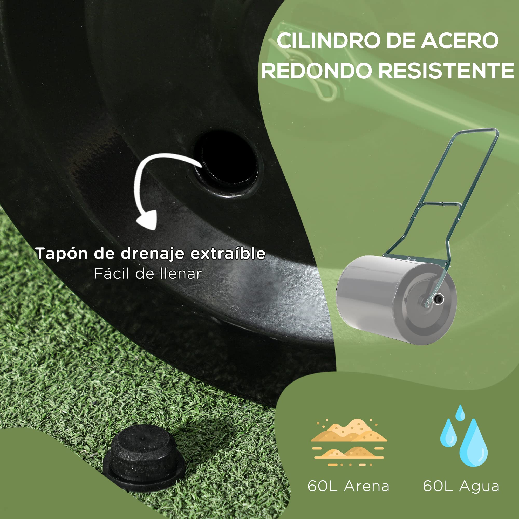 Outsunny Apisonadora de Césped para Jardín Rodillo para Césped con Capacidad de 60L Rellenable con Arena o Agua Diámetro de 50cm