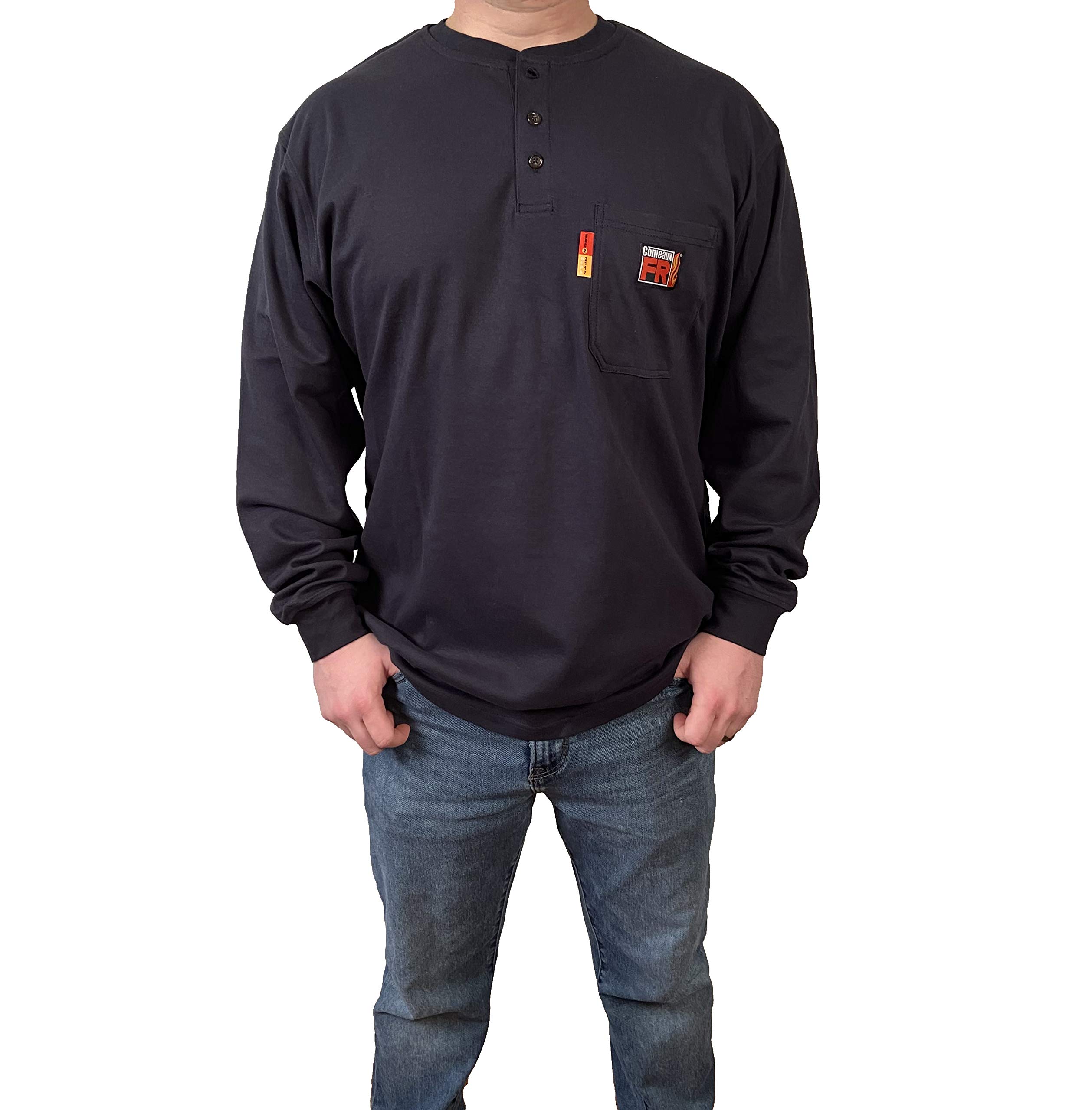 Comeaux FR Henley Welding Work Shirt Navy Long Sleeve T-Shirt Mens (Large, Navy)