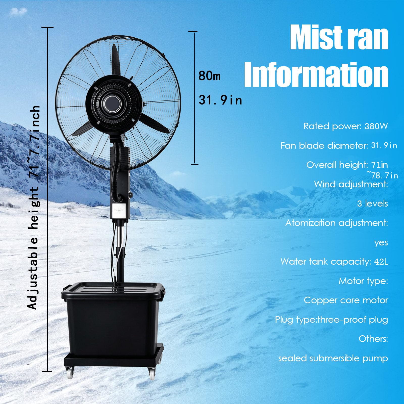 Ventilador Nebulizador de Pie Industrial Uso Industrial y Doméstico, 3 Velocidades, Oscilación 90°, Depósito Agua 42L con 4 Ruedas - Enfriador Larga Distancia para Exteriores, Patio, Garaje