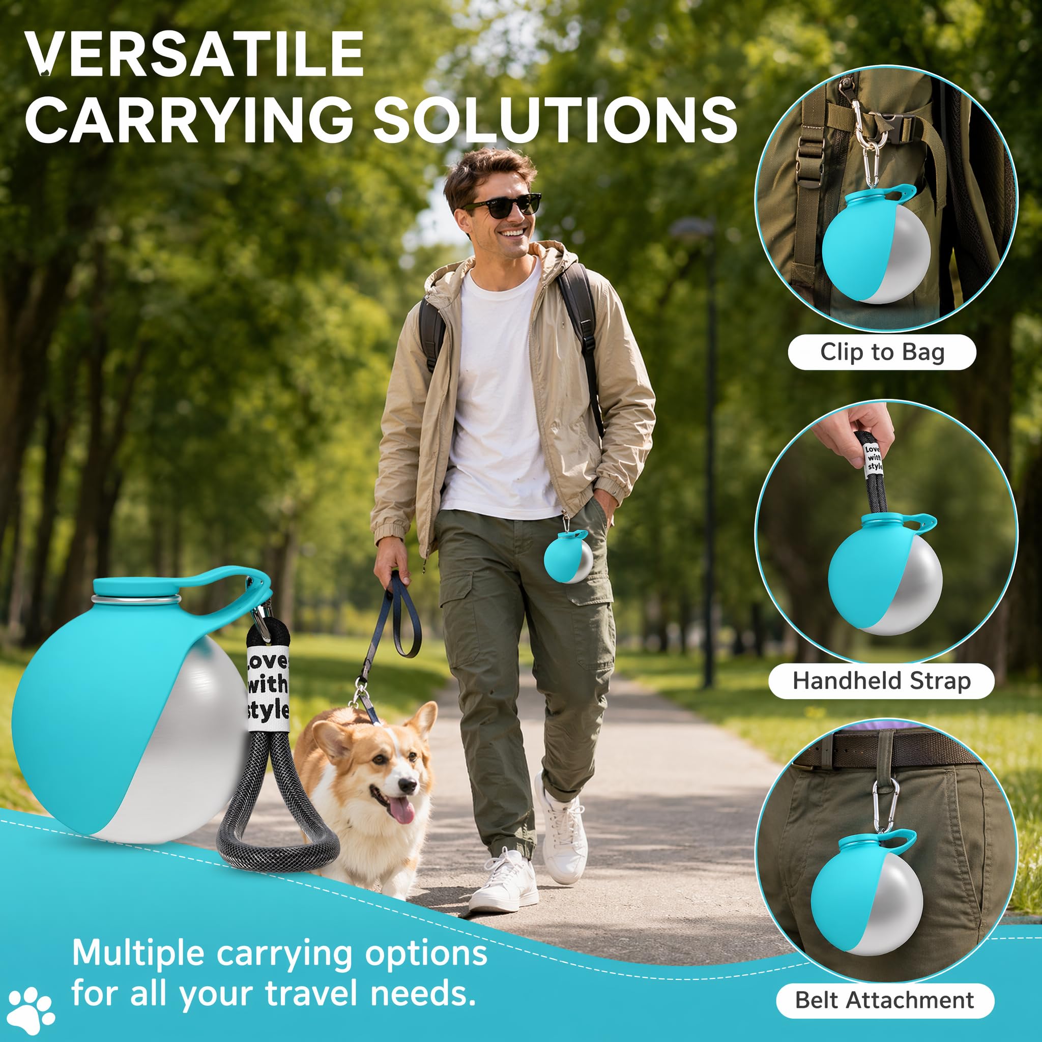 Borraccia portatile per cani, 285 ml, in acciaio inossidabile con ciotola pieghevole in silicone – Antigoccia, ideale per cani e gatti in inverno, in viaggio e in campeggio (Blu)