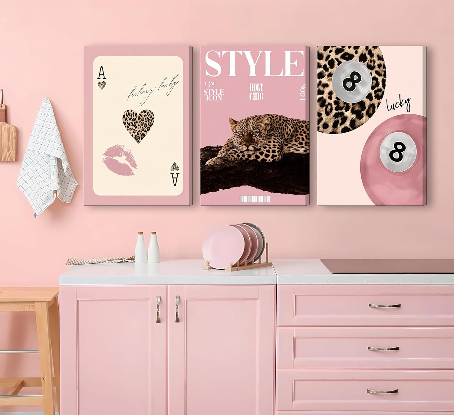 Set of 3 Framed Trendy Pink Leopard Canvas Wall Art Funky Lucky 8 Ball Posters Prints Preppy Room Aesthetic Cheetah Wall Decor Pictures for Girls Bedroom Apartment Dorm Decoration