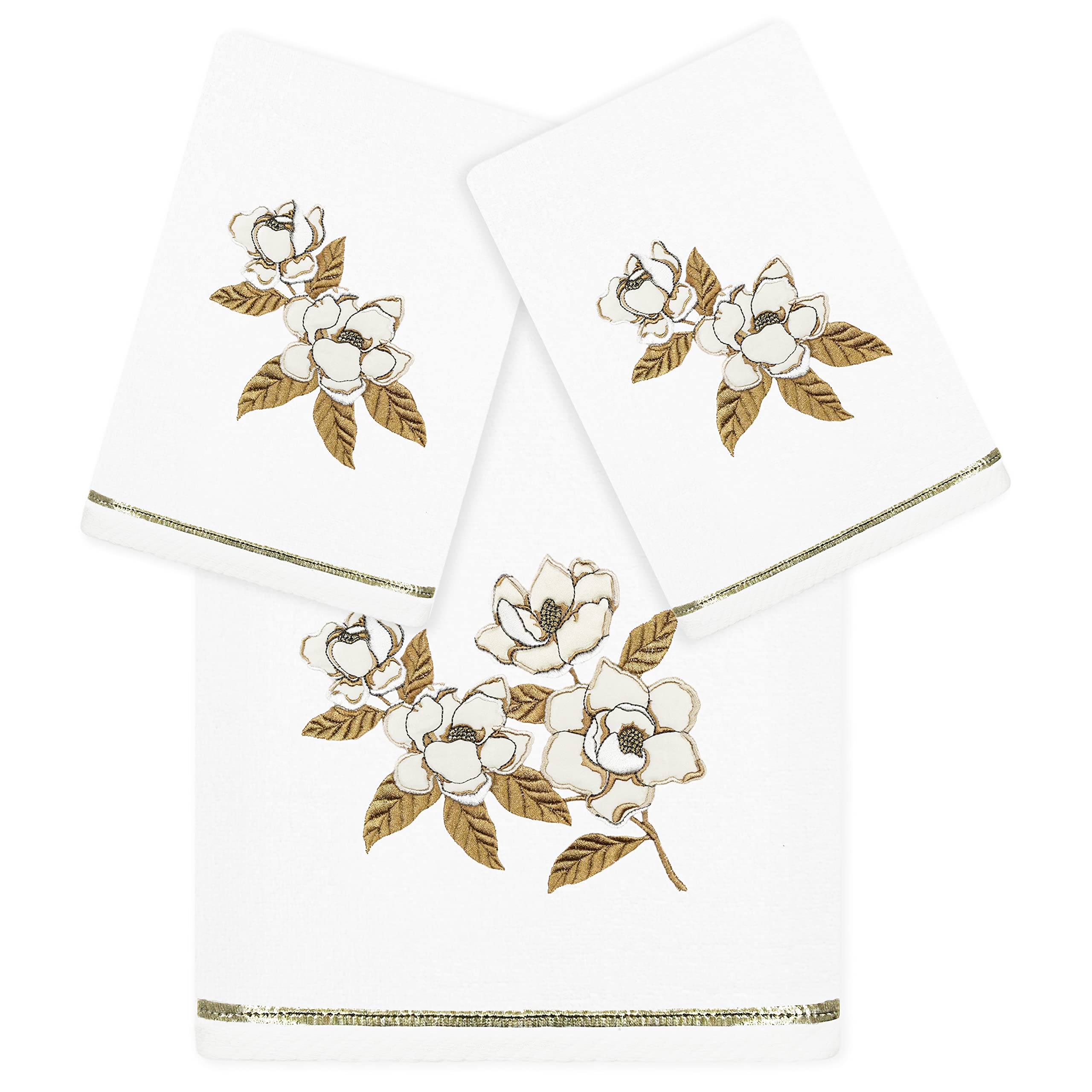 Linum Home Textiles 100% Turkish Cotton Maggie Embellished Towel Set - 1 Bath and 2 Hand Towel Set - White