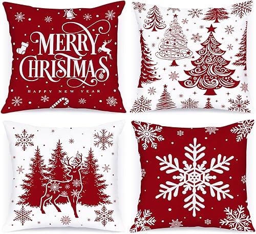 Lanpn Juego de 4 fundas de almohada rojas de 18 x 18 pulgadas, cojín de árbol de Navidad para interiores, hogar, dormitorio, sofá, decoración de